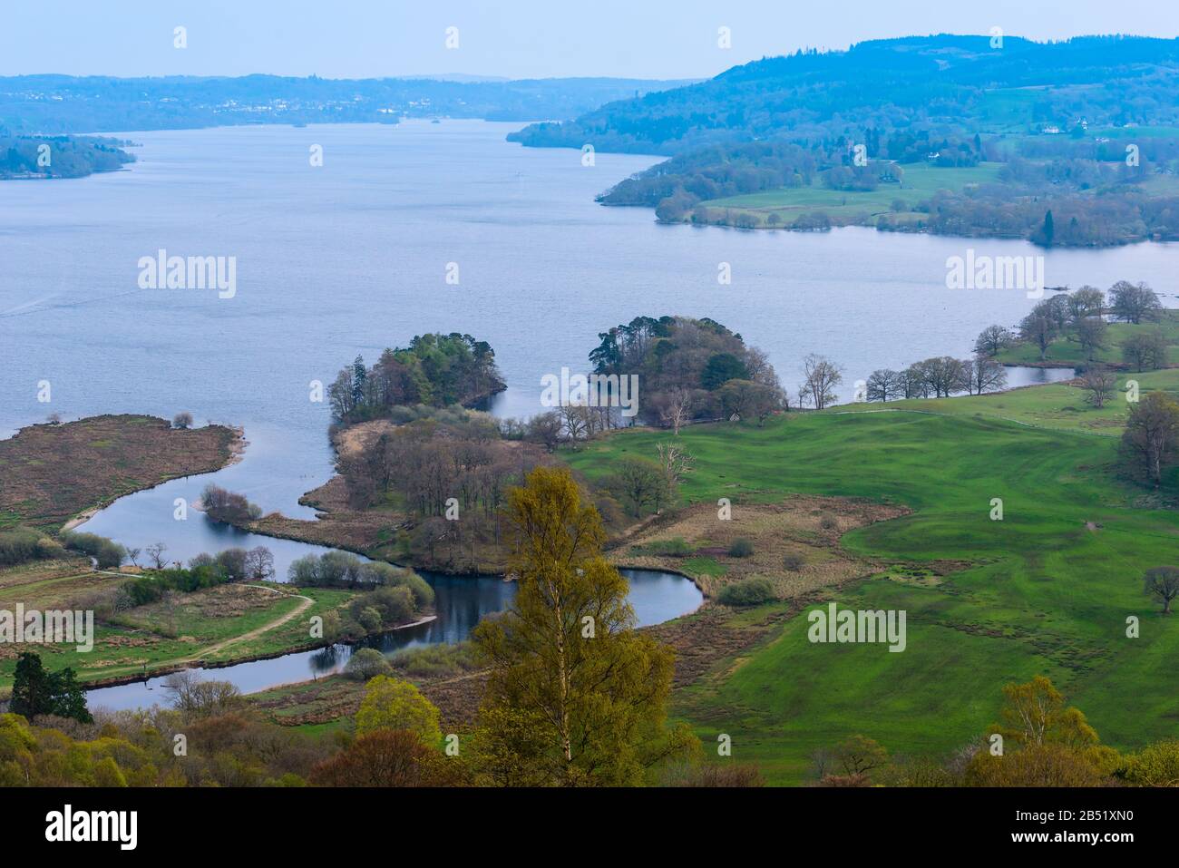 Lake Windermere, River Rothay and Wray Casle in the distance on the