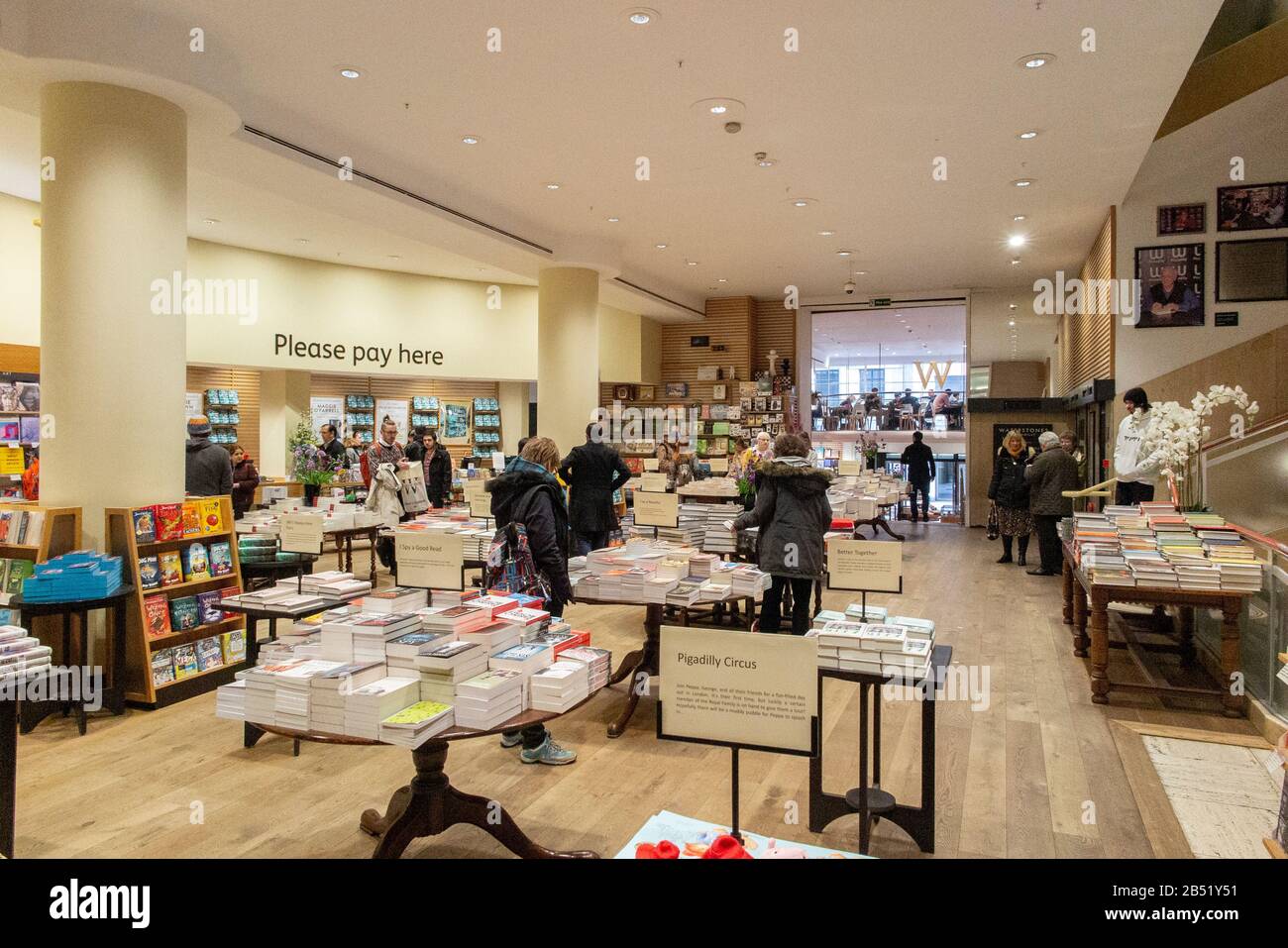 The displays and tills of the interior of Waterstone's bookshop on Piccadilly, London Stock Photo