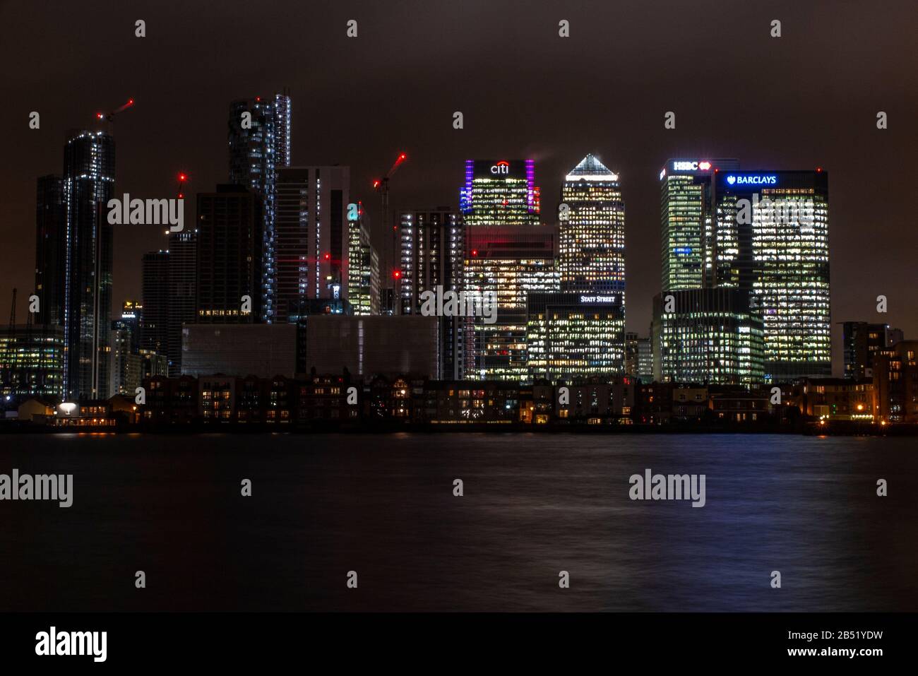 The highrise buildings of Canary Wharf and the Docklands at night from ...