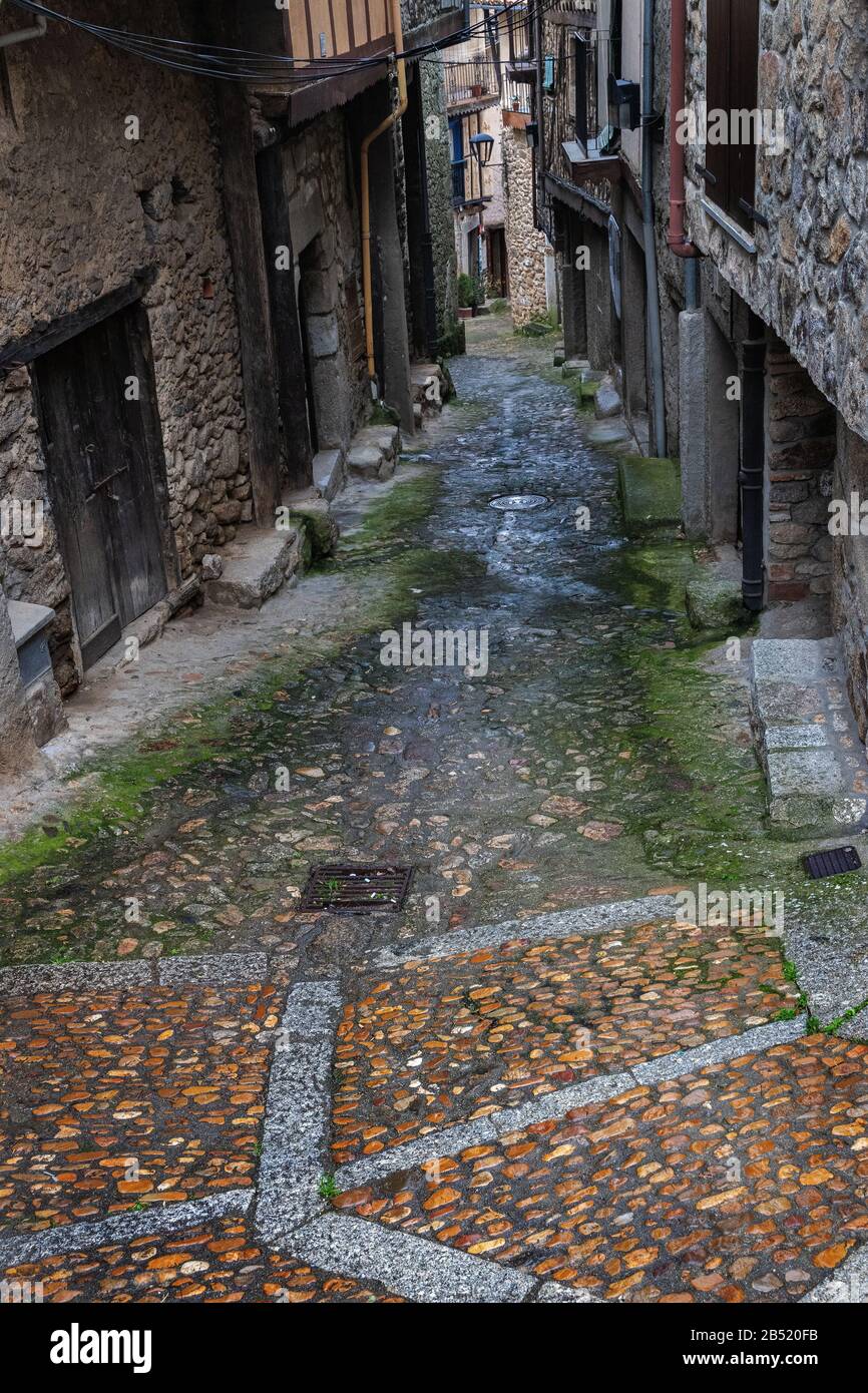 Typical street in the historic town of Miranda del Castañar. Spain. Stock Photo