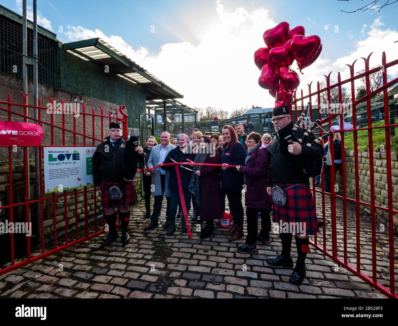 Ribbon cutting ceremony by Lynn Bell with bagpipe players, Love Gorgie Farm reopening, Edinburgh, Scotland, UK Stock Photo
