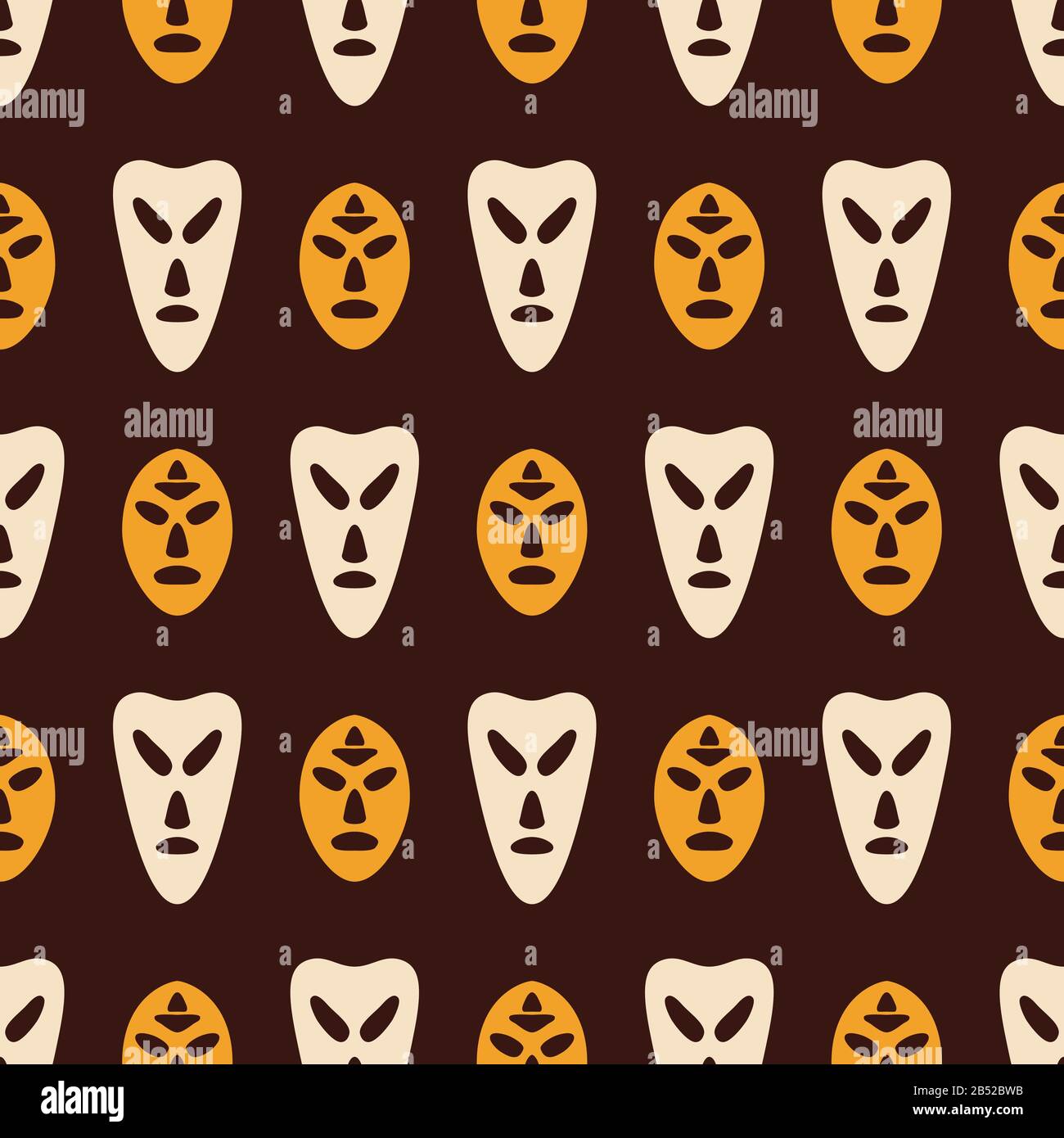 Seamless pattern with silhouettes of masks. Australian, african aboriginal culture. Tribal ethnic seamless background. Isolated on brown background. Stock Vector