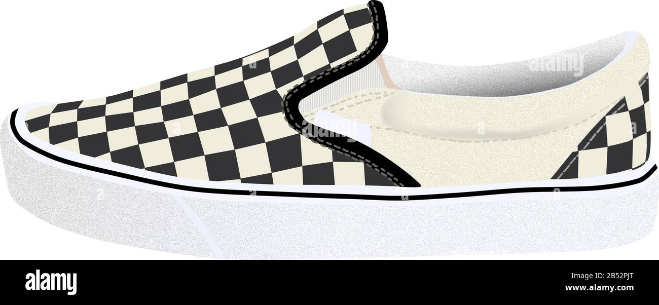 A black and white checkered slip on causal shoe used for skateboarding. Stock Vector