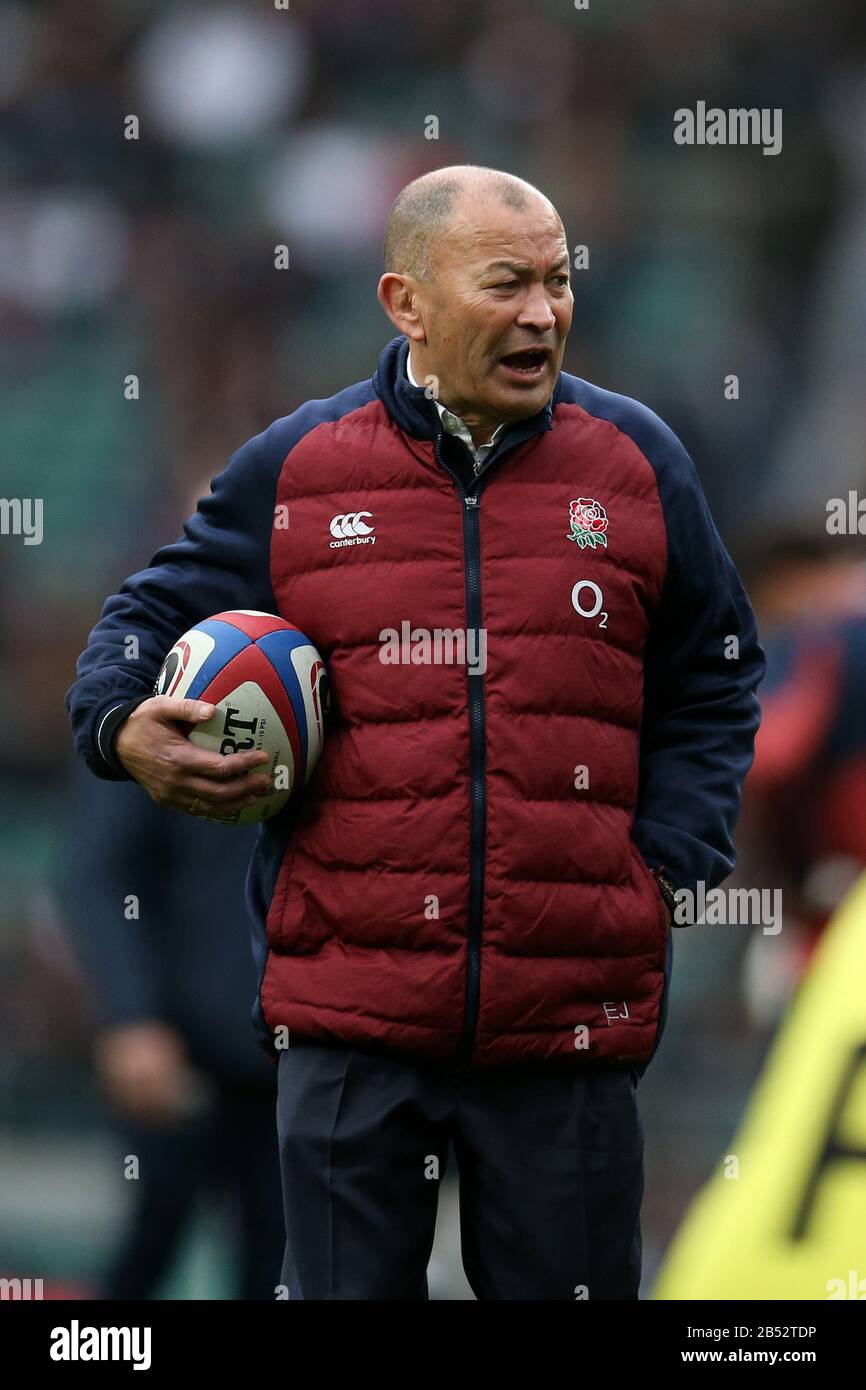 London, UK. 07th Mar, 2020. Eddie Jones, the England rugby team head coach looks on during prematch warm up. England v Wales, Guinness six nations 2020 championship rugby at Twickenham Stadium in London on Saturday 7th March 2020. Please note images are for Editorial Use Only. pic by Andrew Orchard/Andrew Orchard sports photography /Alamy Live news Credit: Andrew Orchard sports photography/Alamy Live News Stock Photo