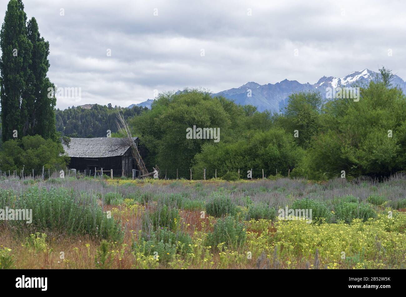 An old wooden barn near Butch Cassidy's home in Cholila, Patagonia Argentina Stock Photo