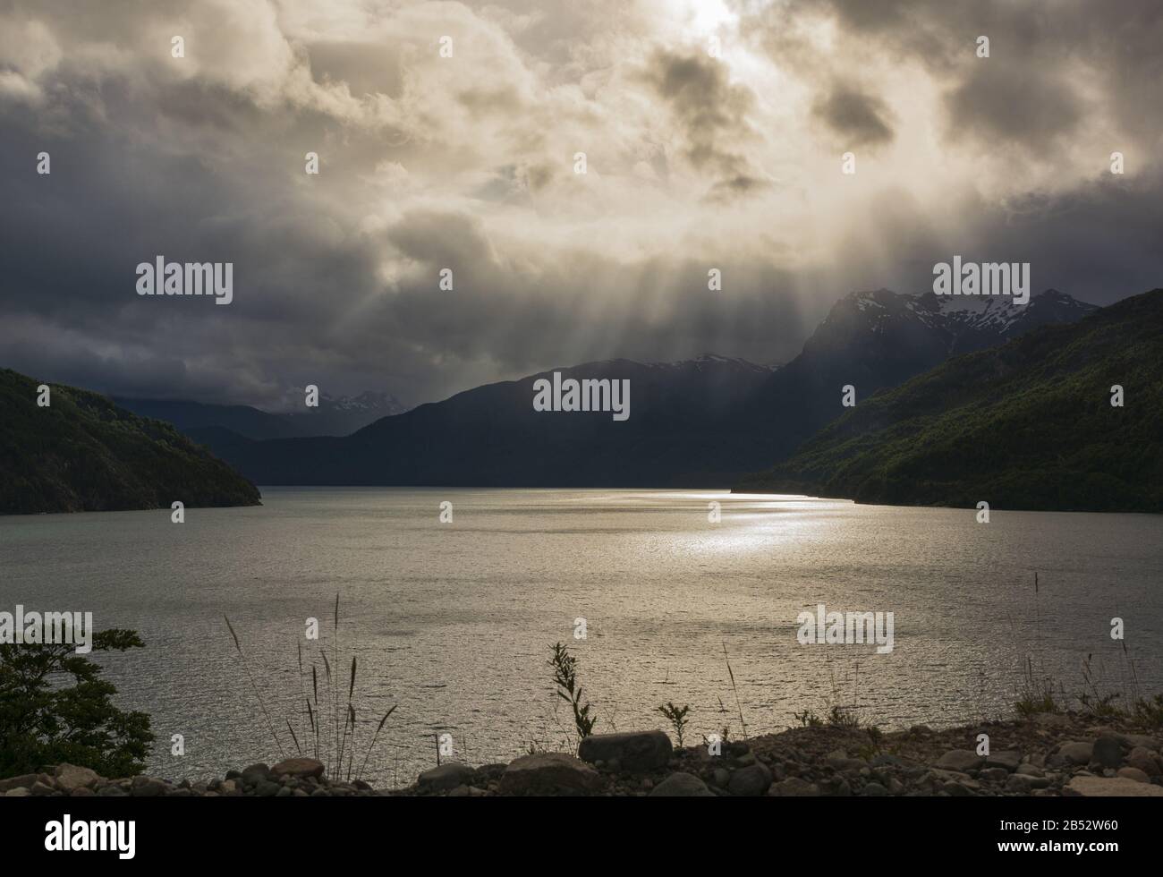 Subeams over Futauleufquen Lake, Parque Nacional Los Alerces, Patagonia Argentina Stock Photo