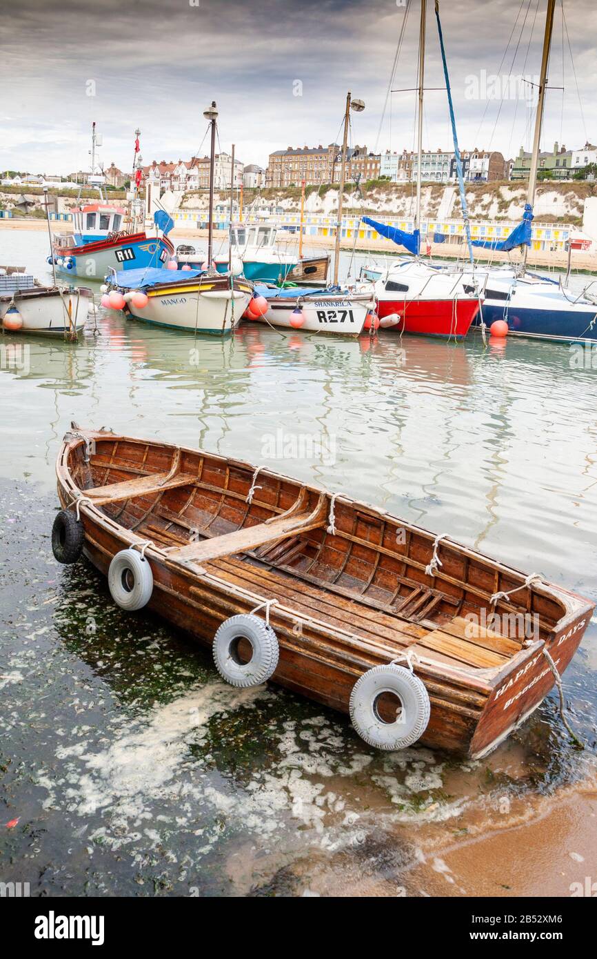 wooden rowing boat moored in viking bay, Broadstairs,Kent, England Stock Photo