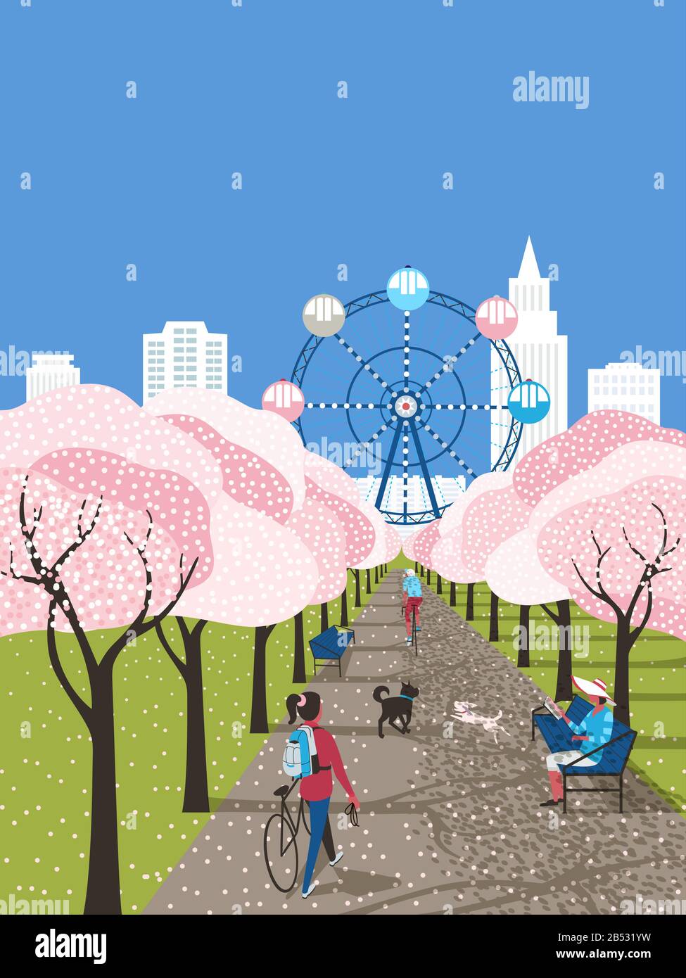 Blooming city park leisure activity vector poster Stock Vector