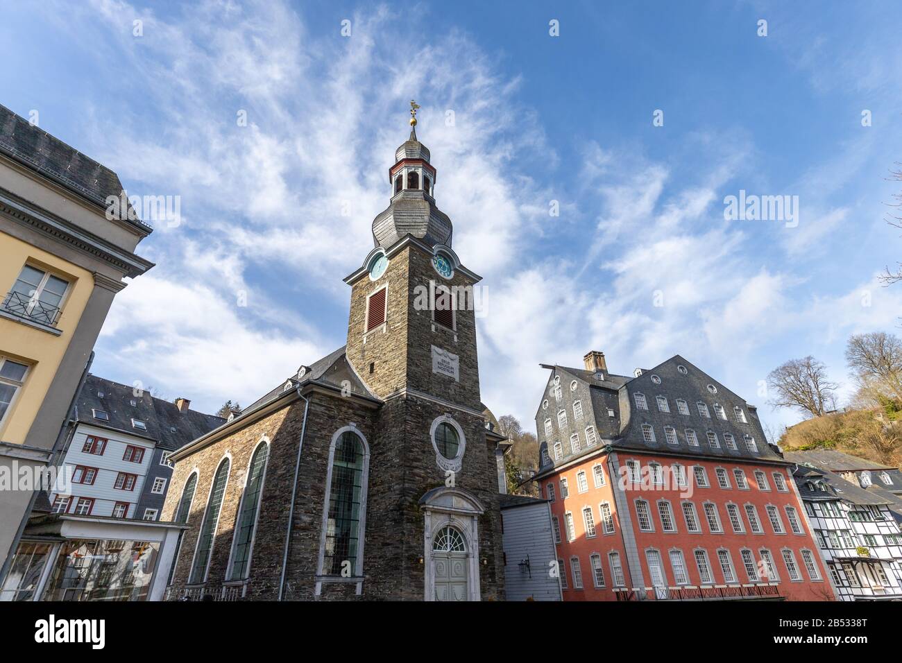 Wide angle view of the evangelical church in Monschau, Eifel, Germany Stock Photo