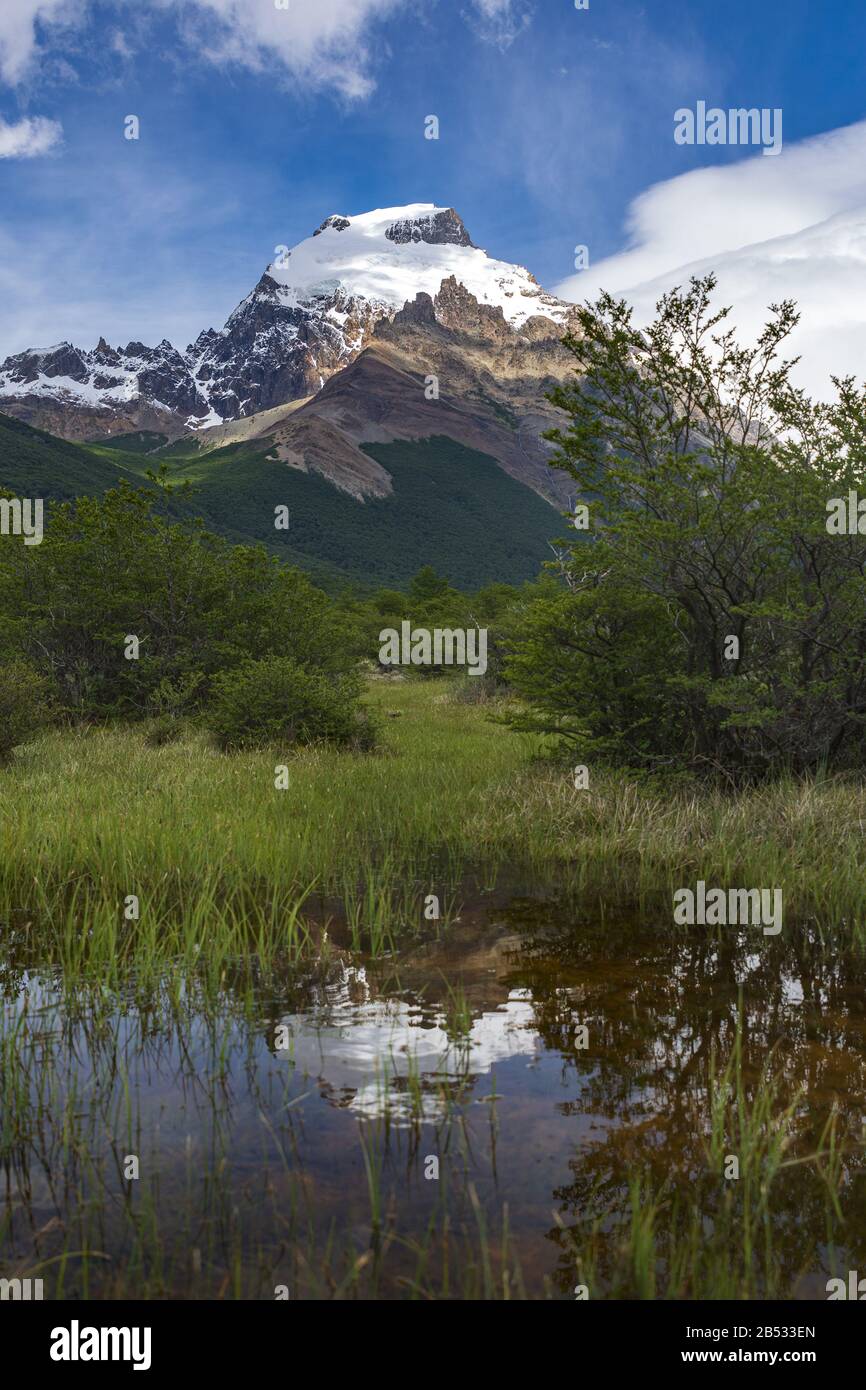 Cerro Solo is reflected on the surface of a bog on the trail to Cerro Torre, Parque Nacional Los Glaciares, Patagonia Argentina Stock Photo