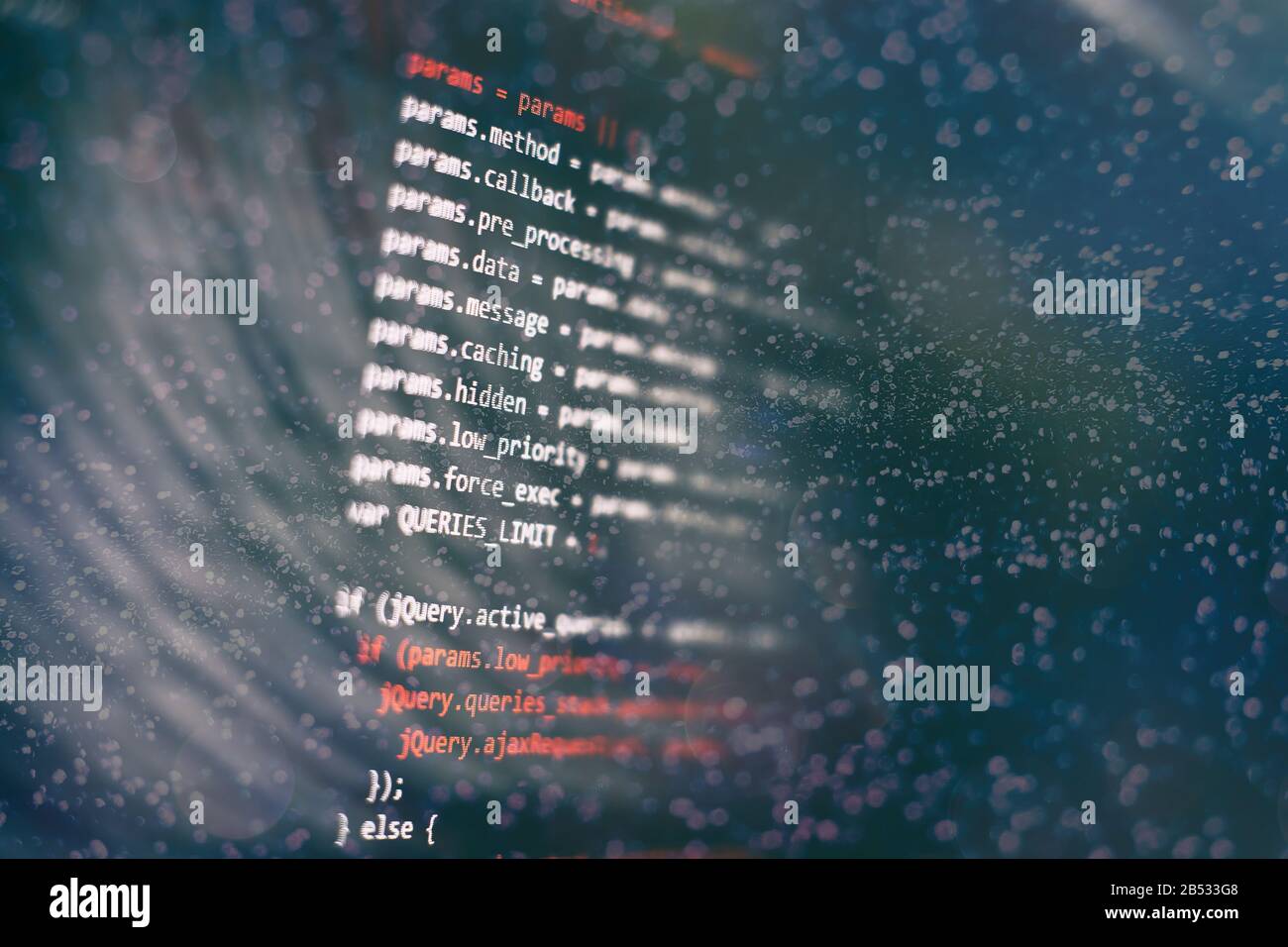 HTML5 in editor for website development. Website HTML Code on the Laptop Display Closeup Photo. Stock Photo