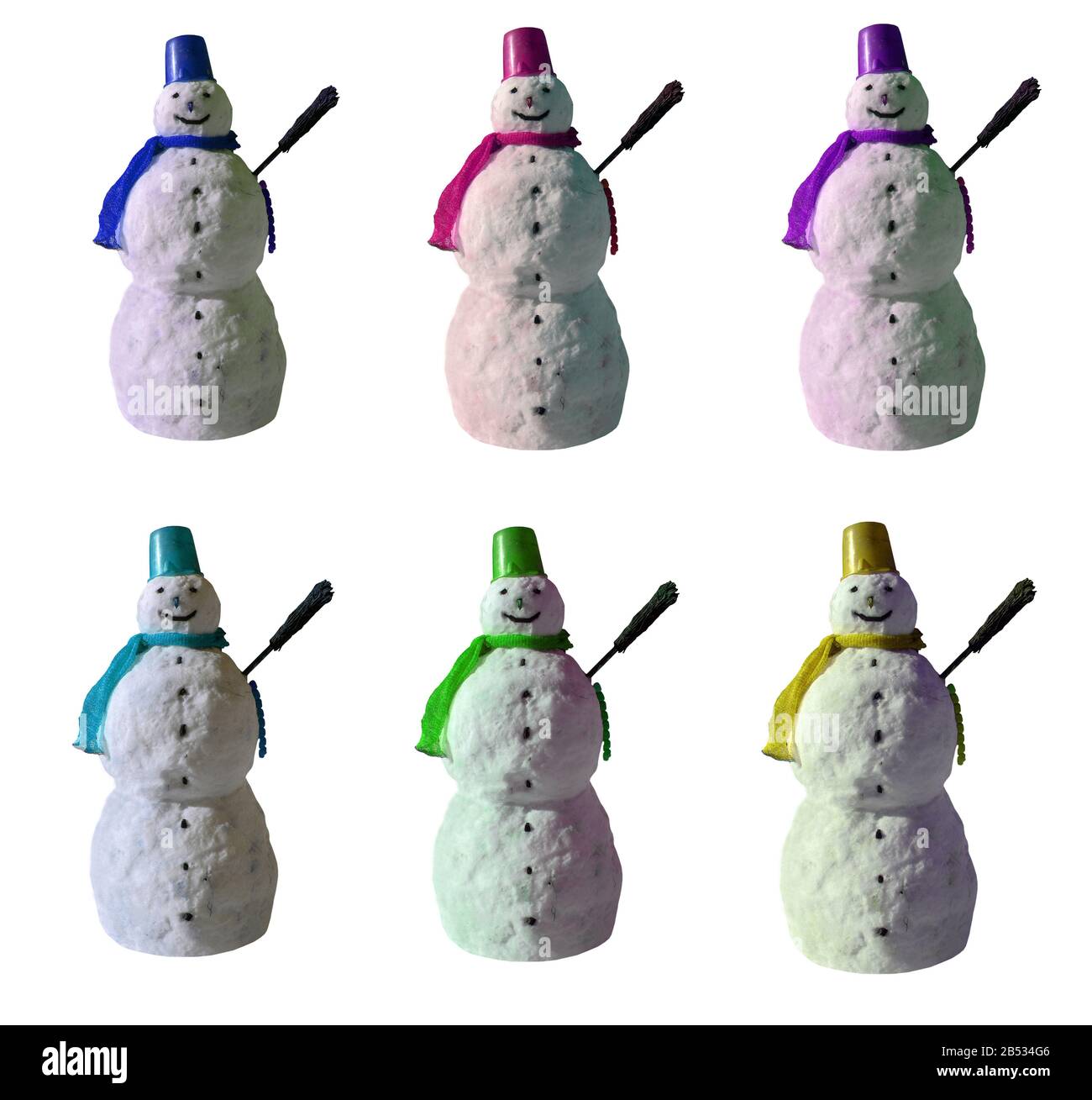 Snowman with purple comforter and bucket in head in different colors Stock Photo