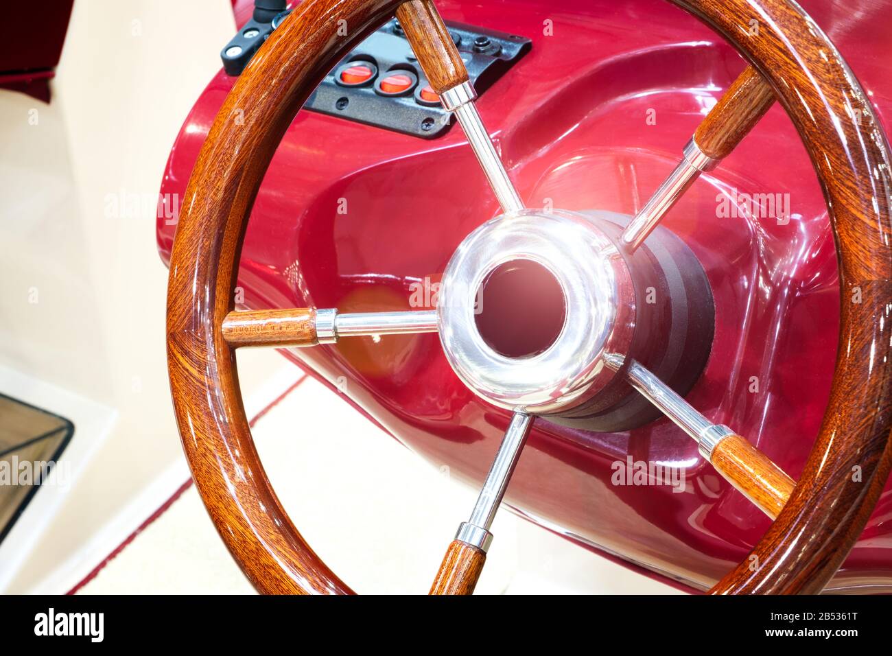 steering wheel on a luxury yacht Stock Photo Alamy