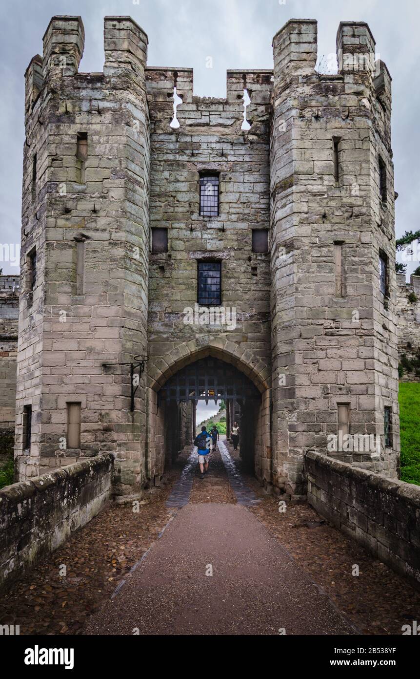 Entrance gate to the Warwick castle, England --- Warwick castle is a perfect one day trip from London. The castle ramparts can be climbed and accessed Stock Photo