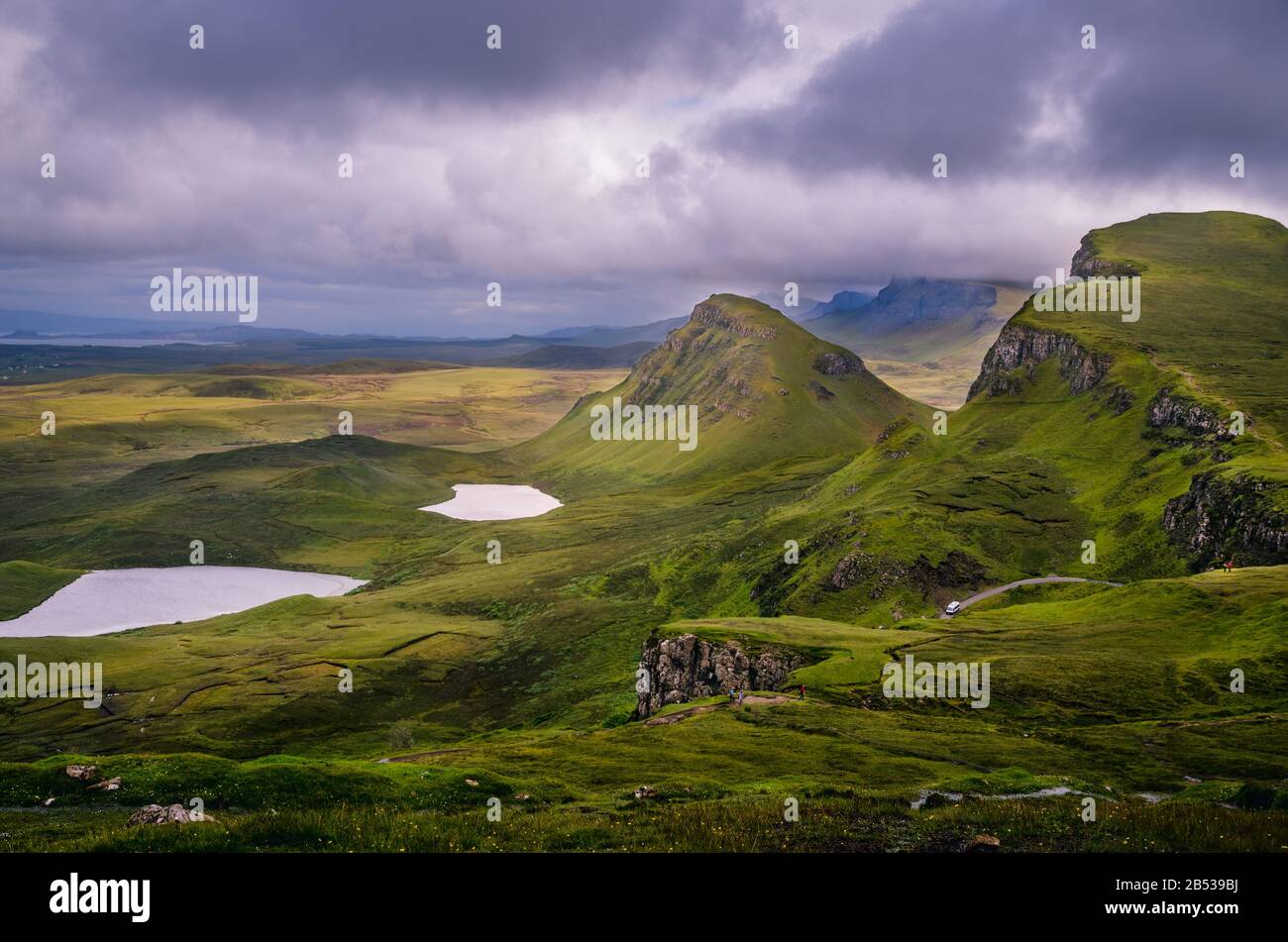 Quiraing trail and a view on hills and cliffs, Isle Of Skye, Scotland, UK Stock Photo