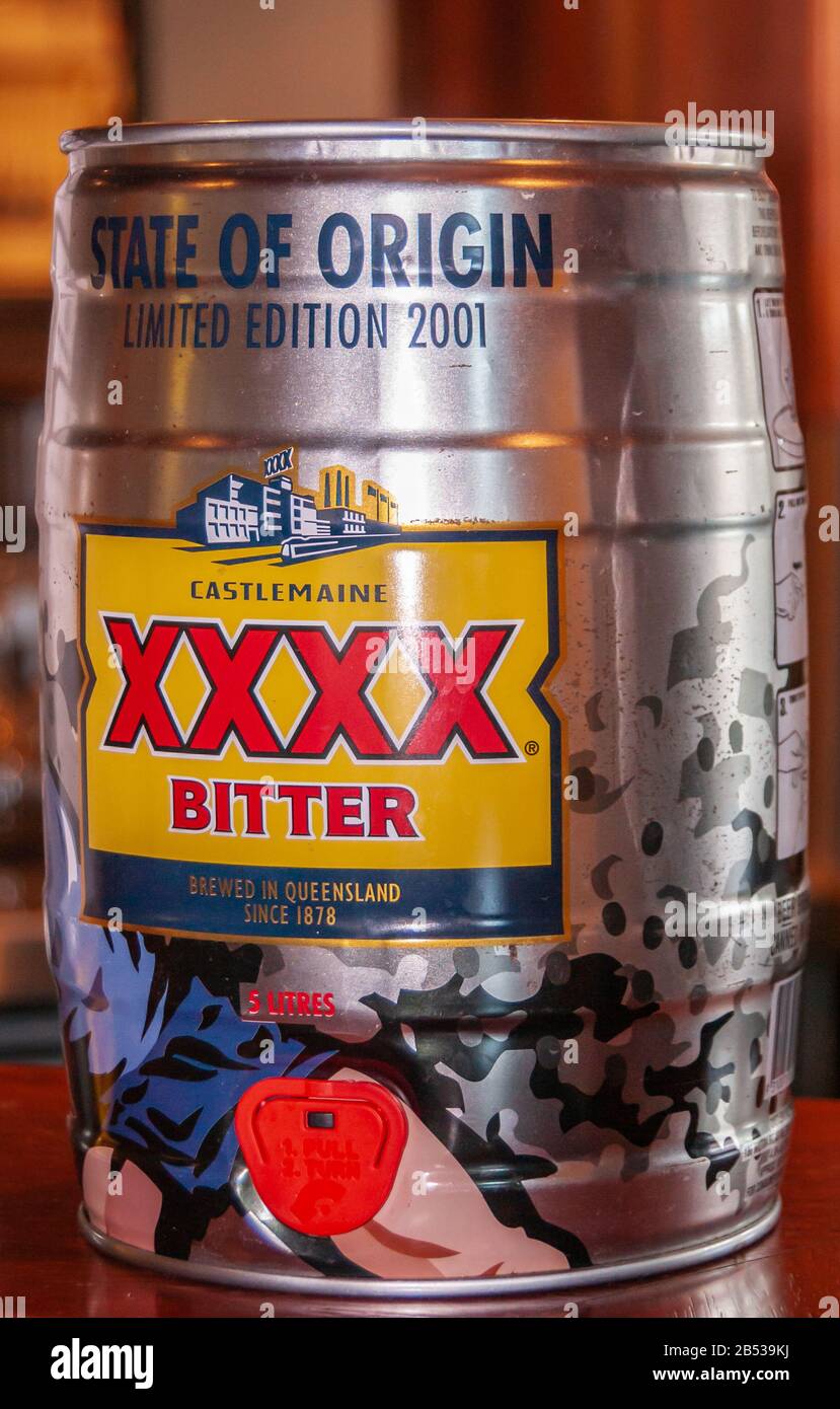 Brisbane, Australia - December 8, 2009: Castlemaine Perkins brewery.  Closeup of 5 liter metal keg of XXXX Bitter at The bar of visitor centre  Stock Photo - Alamy