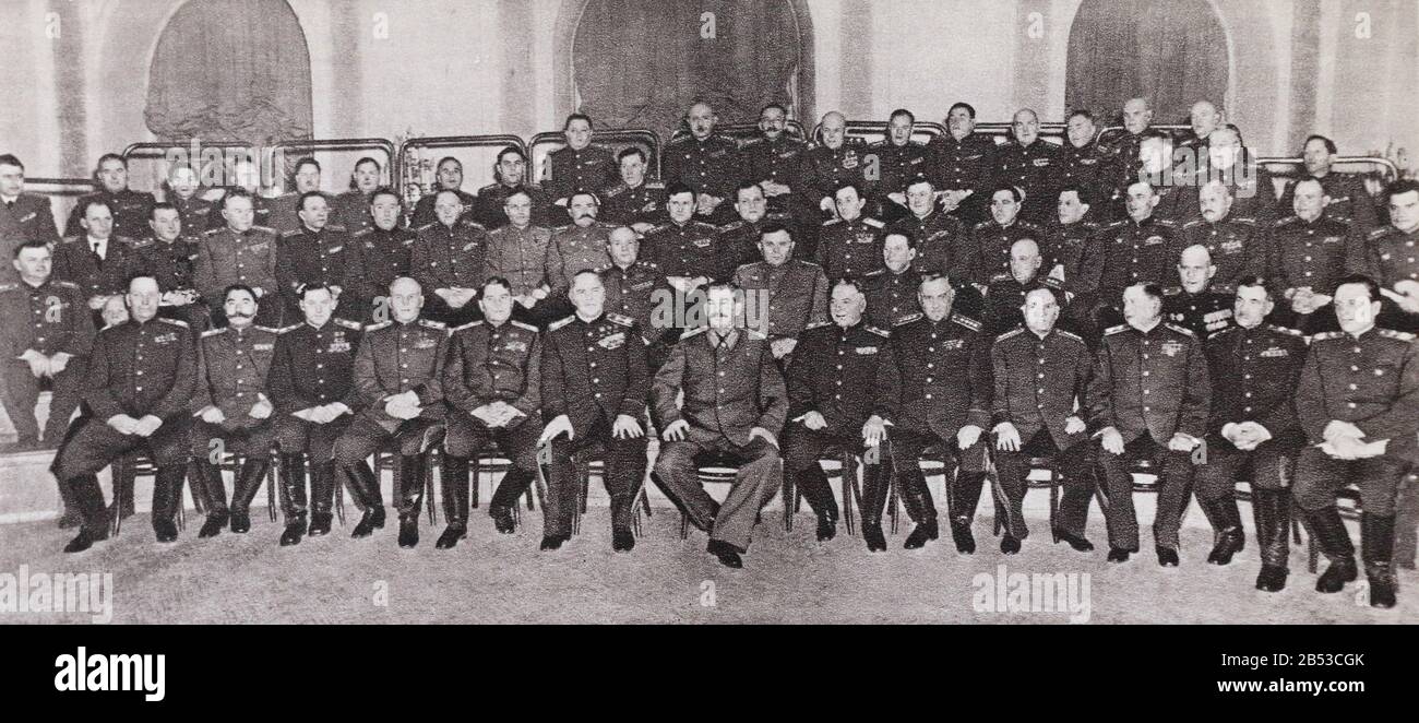 Generalissimo of the Soviet Union. Stalin in the group of marshals, generals and admirals of the deputies of the Supreme Council of the USSR. Stock Photo