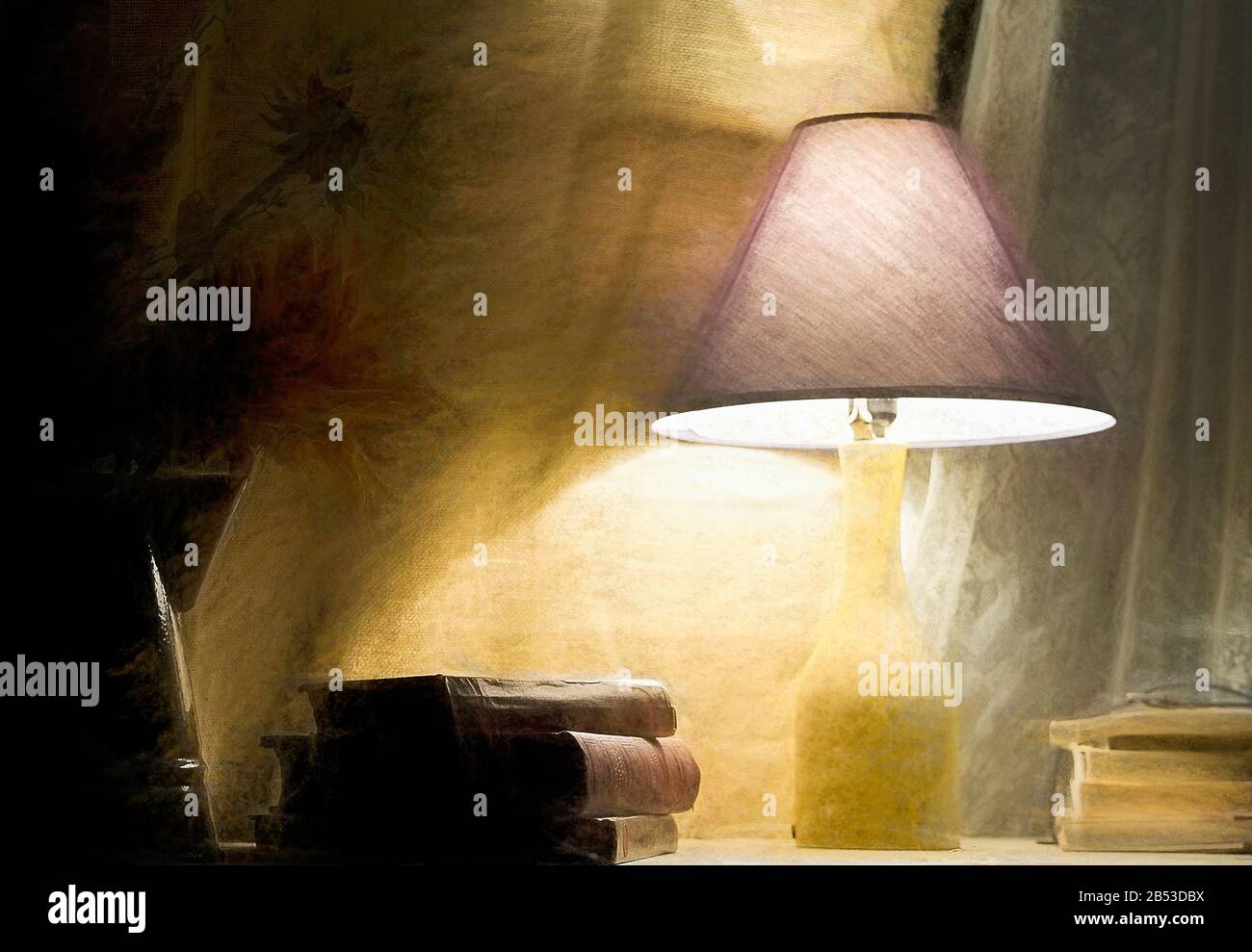 impressionism still life of glowing table lamp and stack of old books Stock Photo