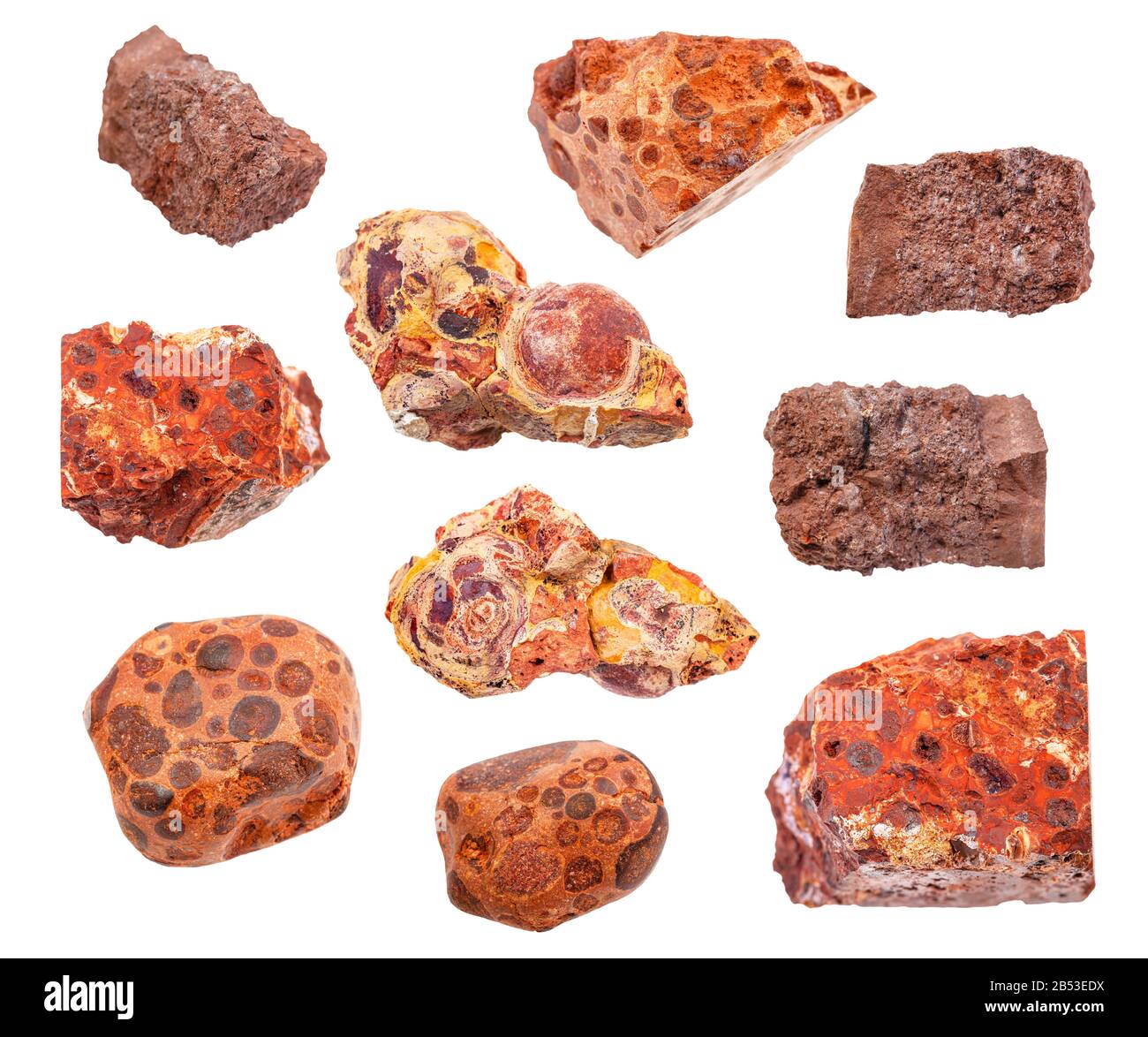 set of various Bauxite ores isolated on white background Stock Photo