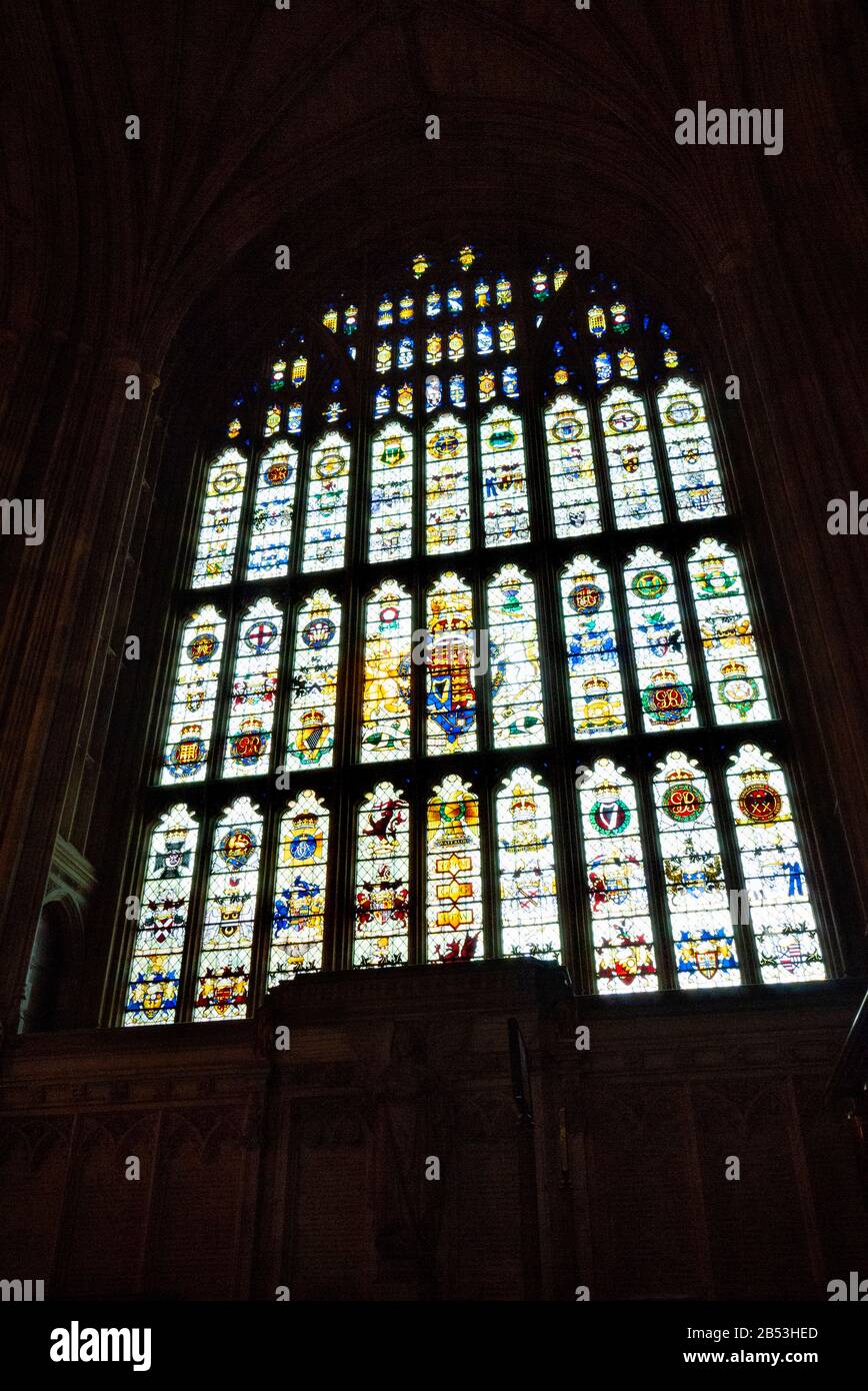 Stained glass window above St Stephen's Hall doorway, Palace of Westminster, London, United Kingdom Stock Photo