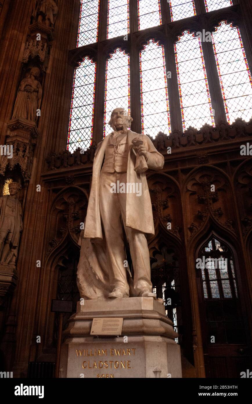 Statue of Prime Minister, William Ewart Gladstone stands in the Central Lobby, Palace of Westminster, London, United Kingdom Stock Photo
