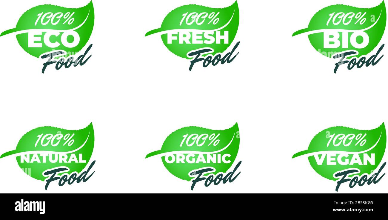 100 percent fresh healthy organic vegan food bio on green leaf labels ...