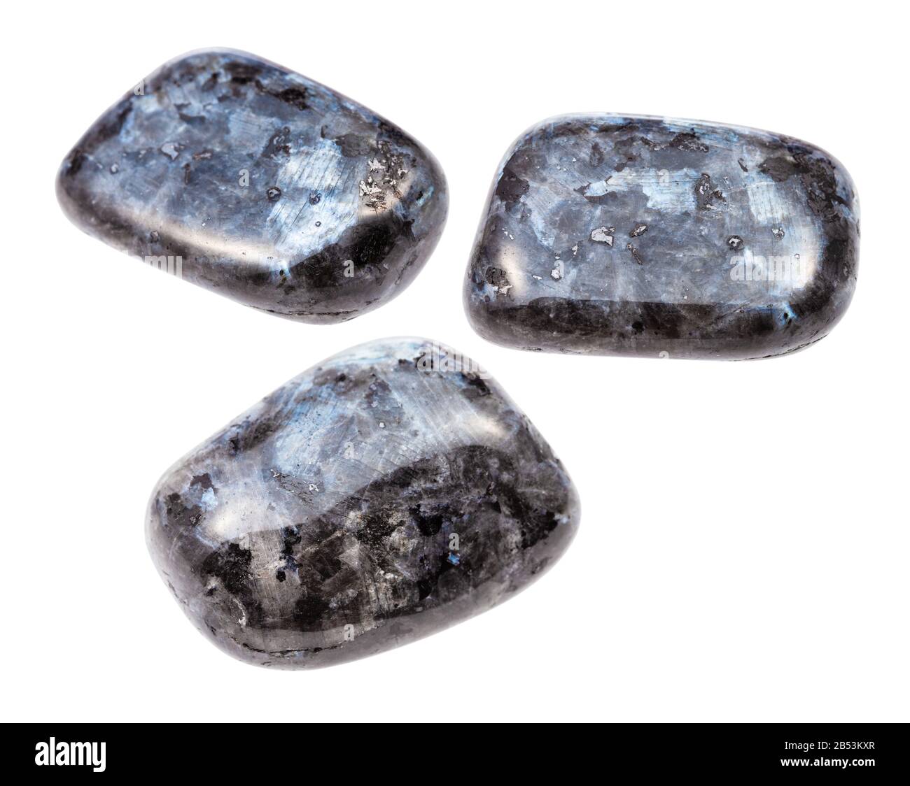 set of Larvikite (norwegian Labradorite) gemstones isolated on white