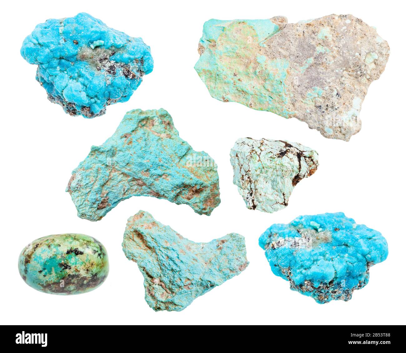 set of various Turquoise gemstones isolated on white background Stock Photo