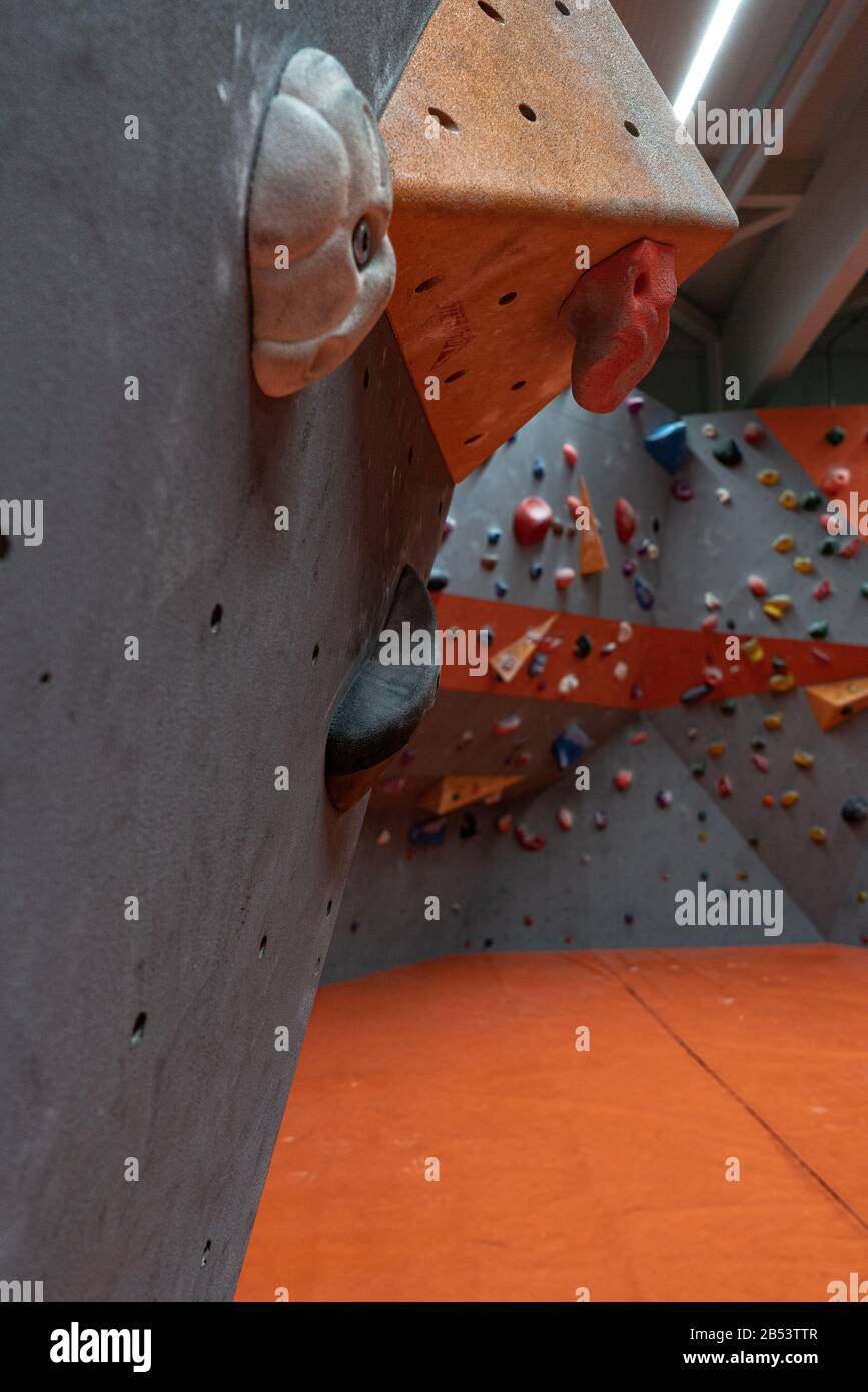Climbing wall for bouldering in a climbing hall Stock Photo Alamy