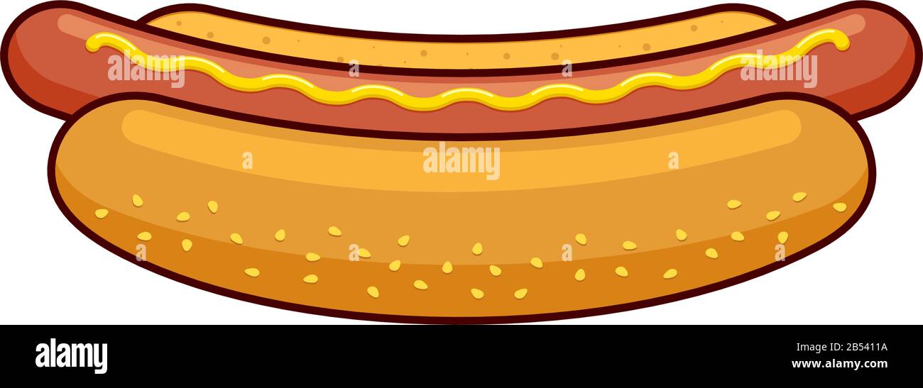 Cartoon fast food hotdog with black linear border. Hot dog sausage in bread bun with mustard isolated flat vector illustration Stock Vector