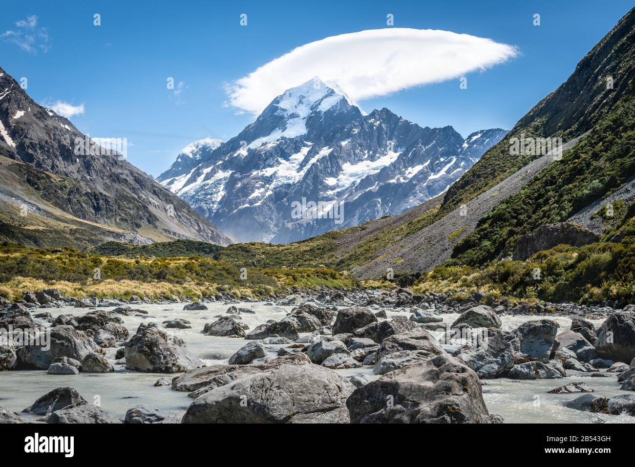 Glacial river in front of Mount Cook, New Zealand Stock Photo