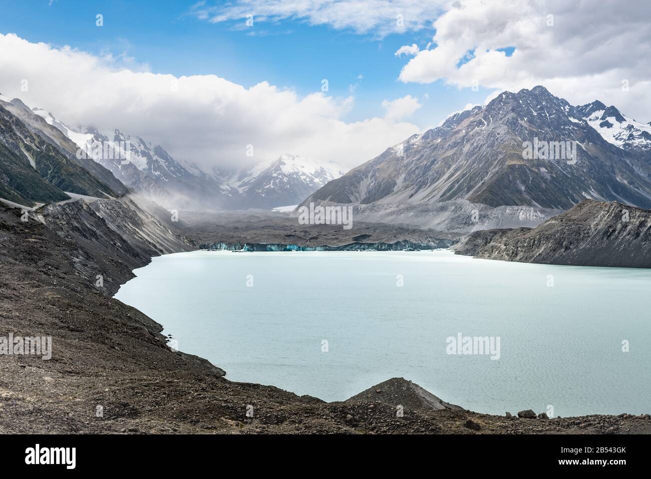 Tasman Glacier with moraine and the glacial lake in front, New Zealand Stock Photo