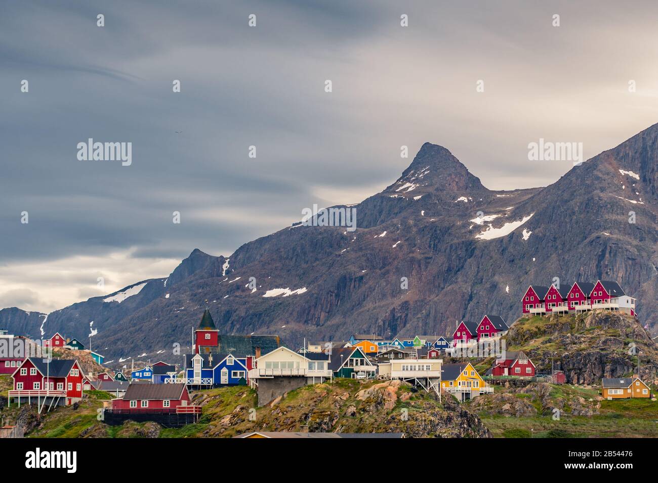 Sisimiut arctic village with mountains skyline, Greenland Stock Photo