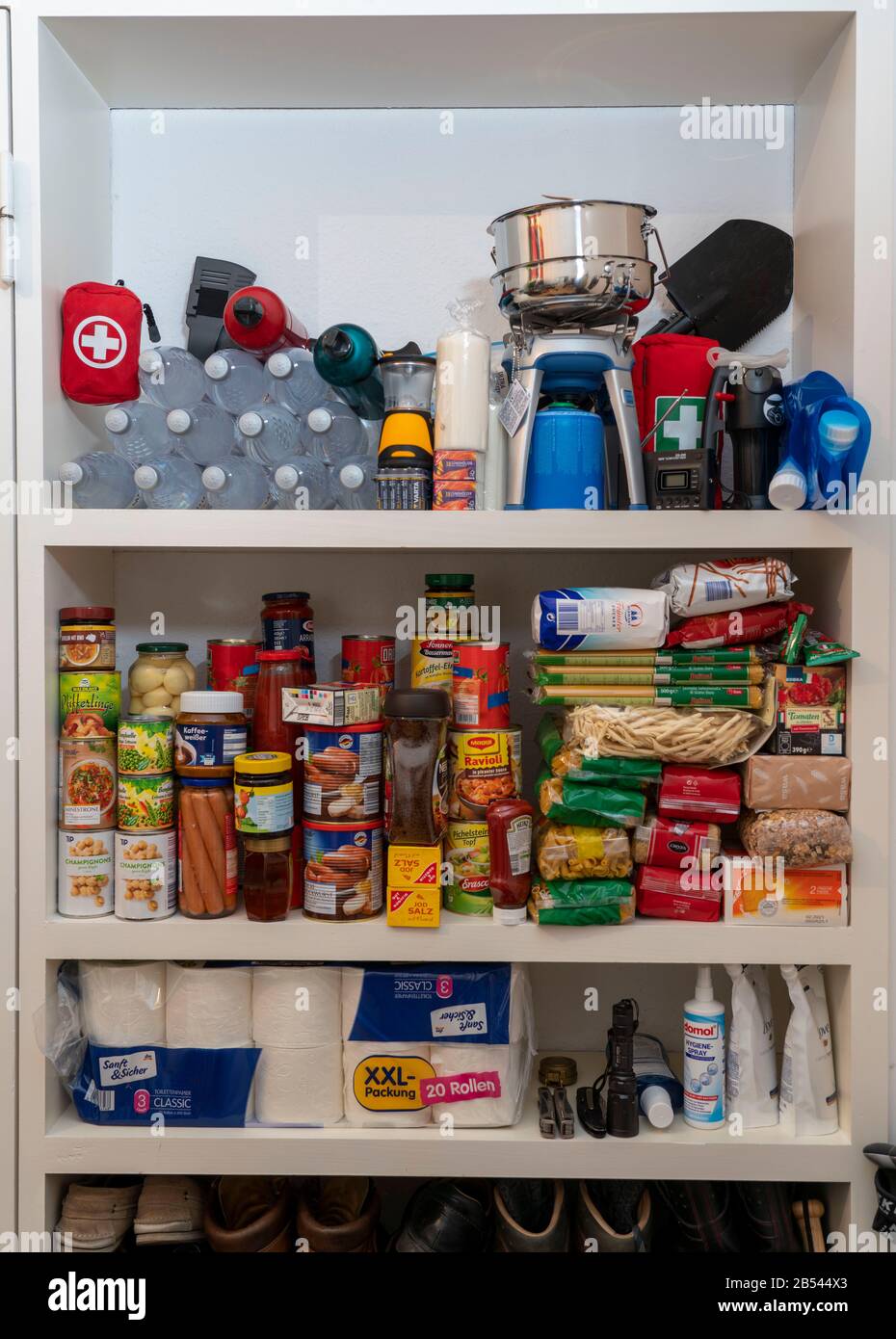 Emergency precautions, food supply in a private household, shelf with