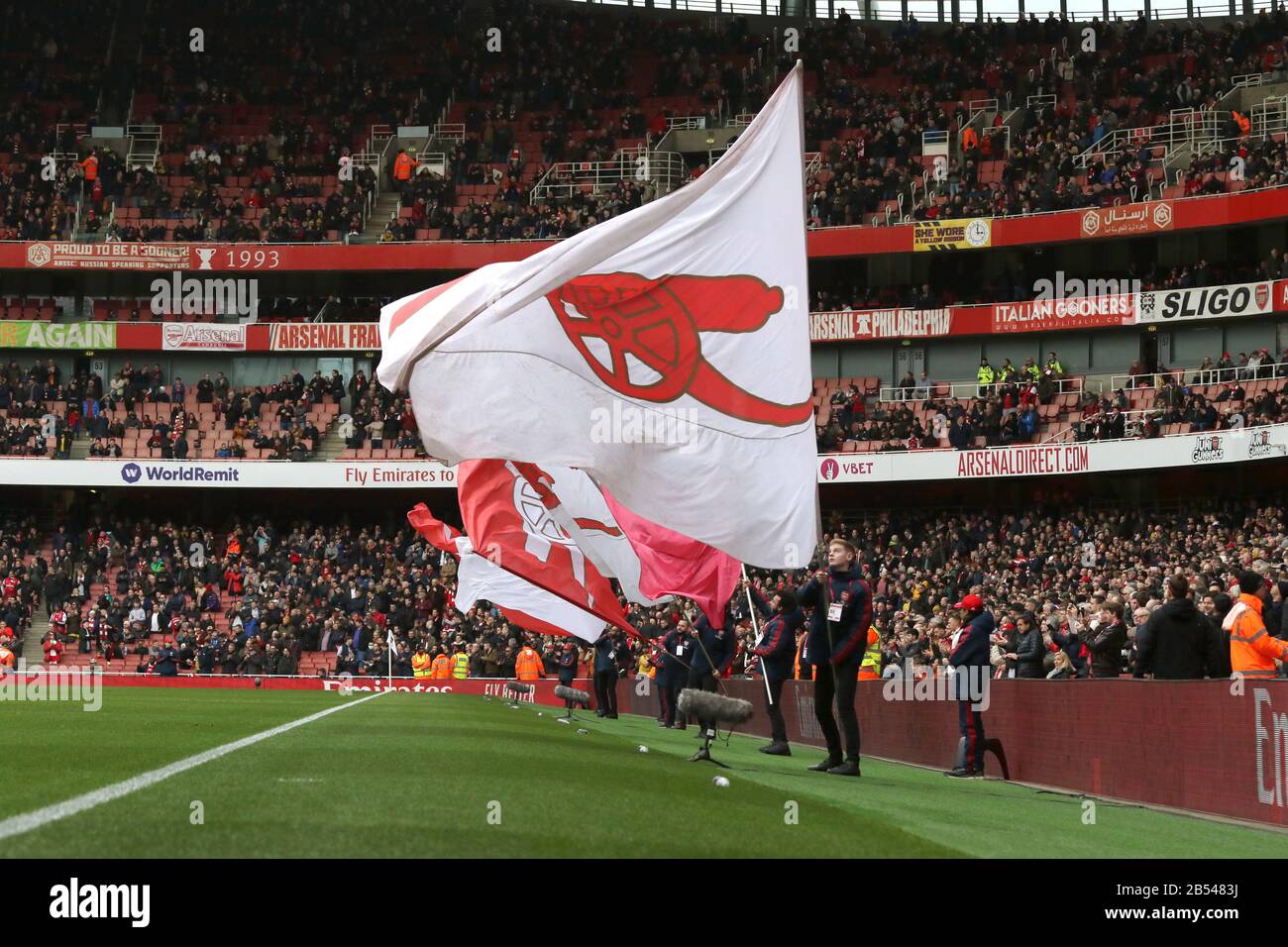 London, UK. 07th Mar, 2020. Large Arsenal flags at the Arsenal v West Ham United English Premier League game, at the Emirates Stadium, London, UK on March 7, 2020. **Editorial use only, license required for commercial use. No use in betting, games or a single club/league/player publications** Credit: Paul Marriott/Alamy Live News Stock Photo