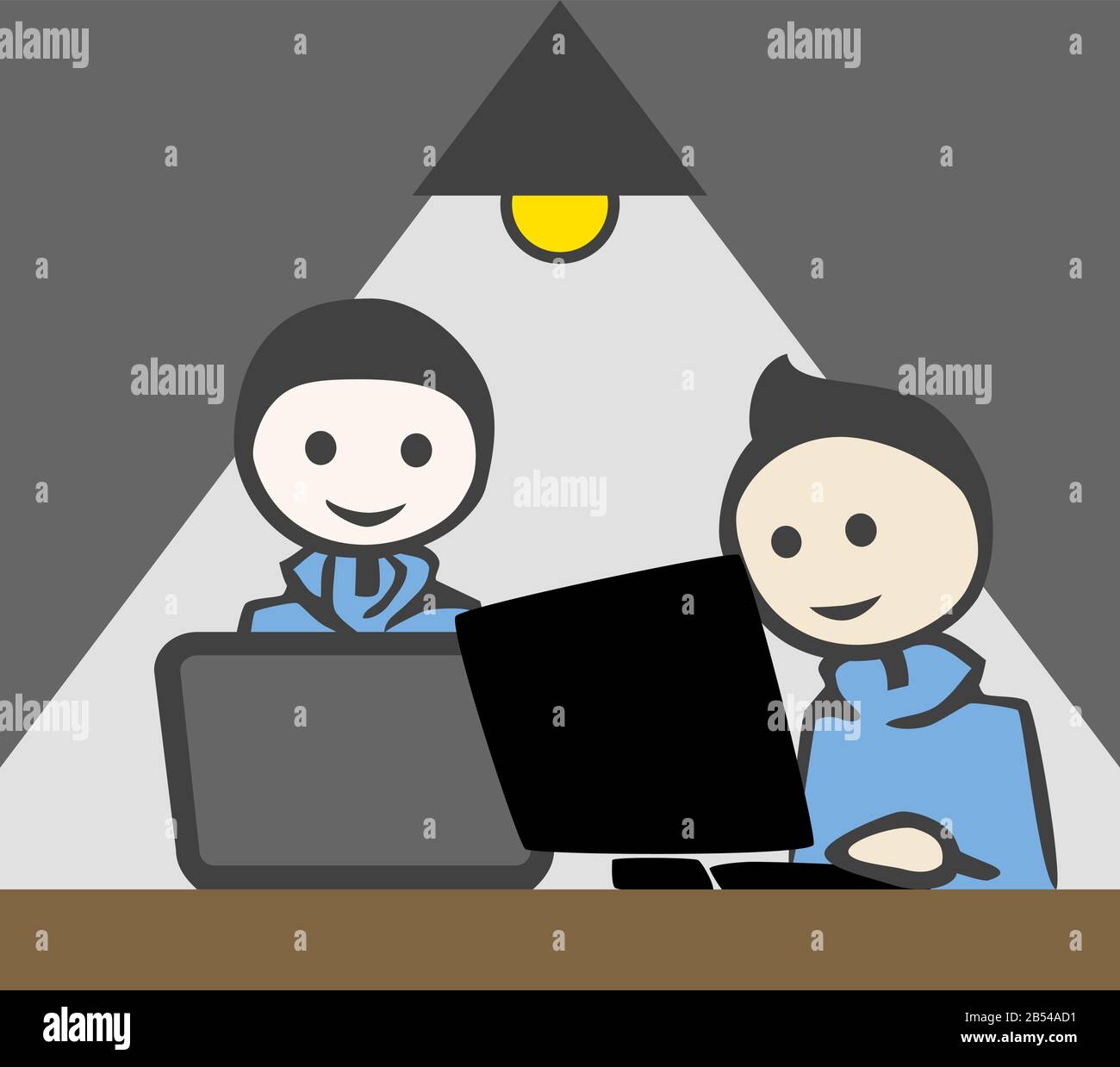 2 young man pc notebook working lamp light by jziprian Stock Vector