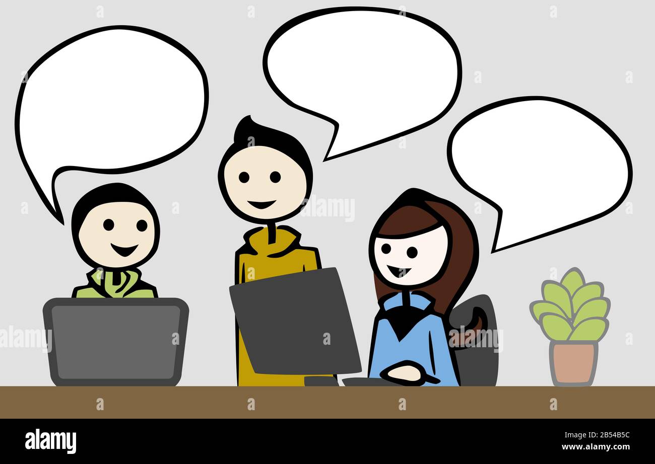 group man woman talking pc notebook office speech balloon by jziprian ...