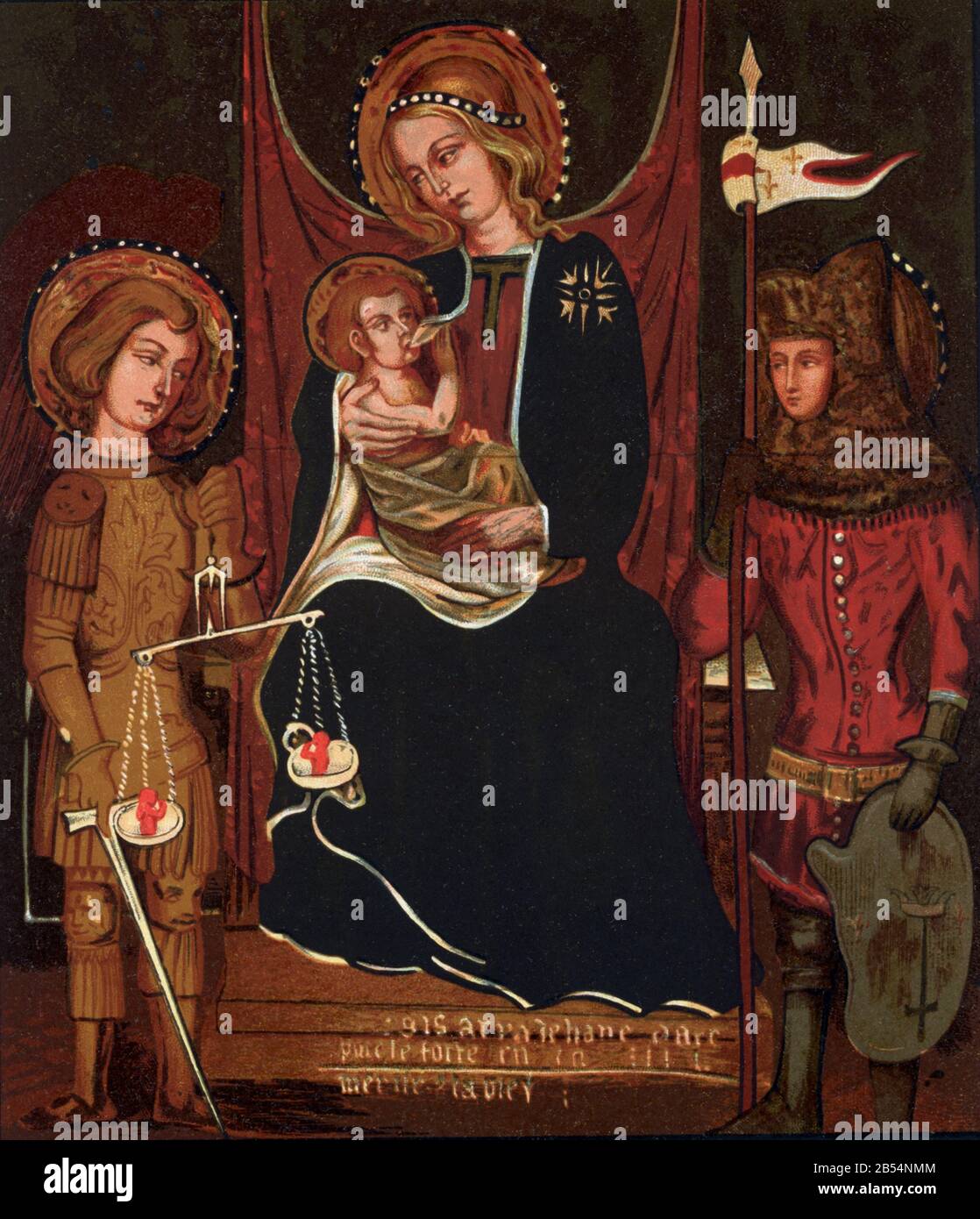 . The Virgin Mary, with the infant Jesus, St Michael and Joan of Arc. Painted with egg tempera  in the time of Joan and  recently restored by  M Auvray, in Paris. St Michael holds a scale in which he weighs the souls,  Joan holds her standard in one hand, and in the other her armor. Just as the Virgin, the infant Jesus, and St Michael, she has a halo, an attribute of sanctity. So reads the English translation of the French caption accompanying this image. Stock Photo