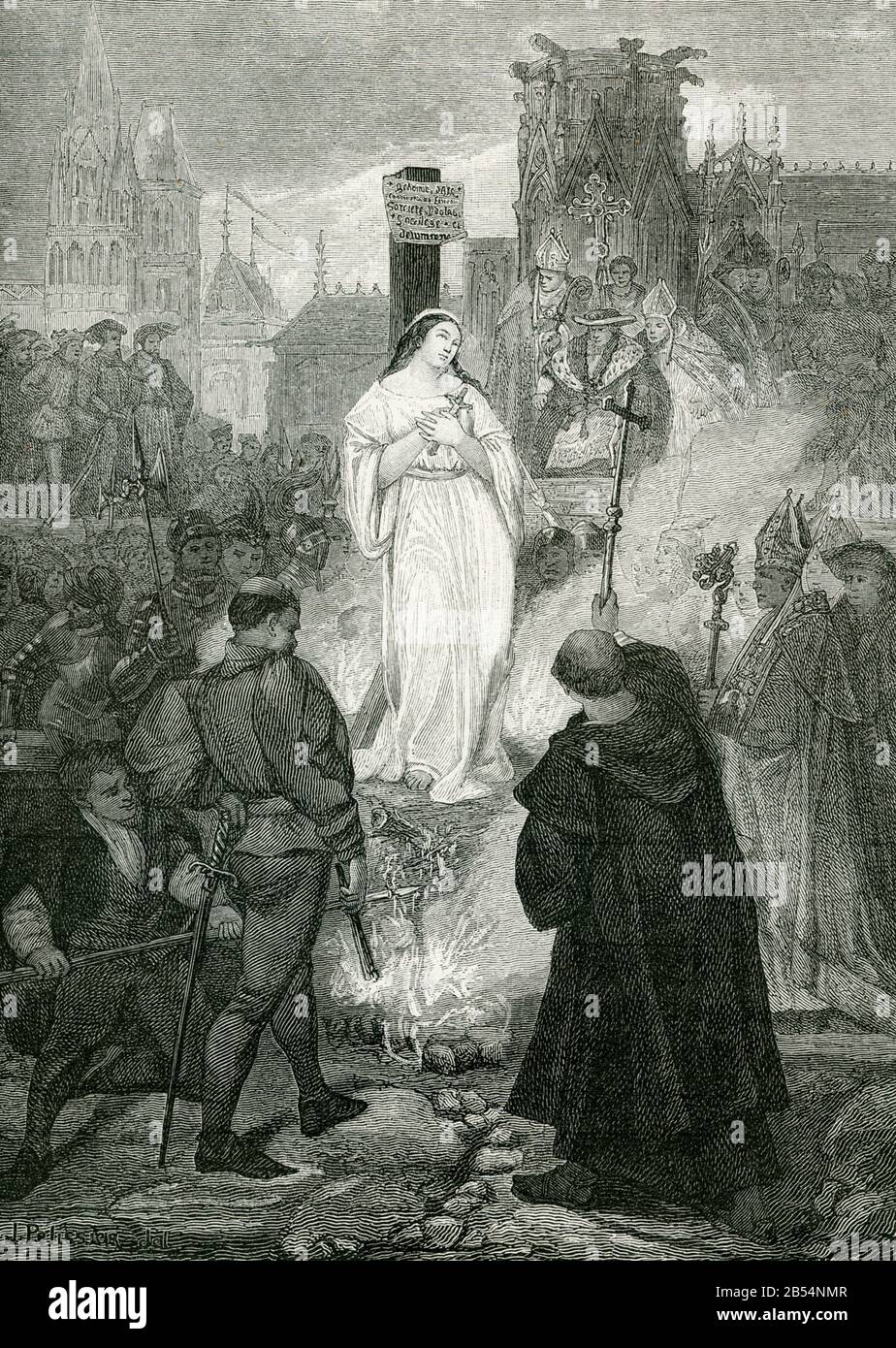 This illustration dates to the 19th century. It shows Jeanne d’Arc at the stake. It is housed in the museum at Angers and was painted by 19th century French Romantic painter Eugene Deveria. Stock Photo
