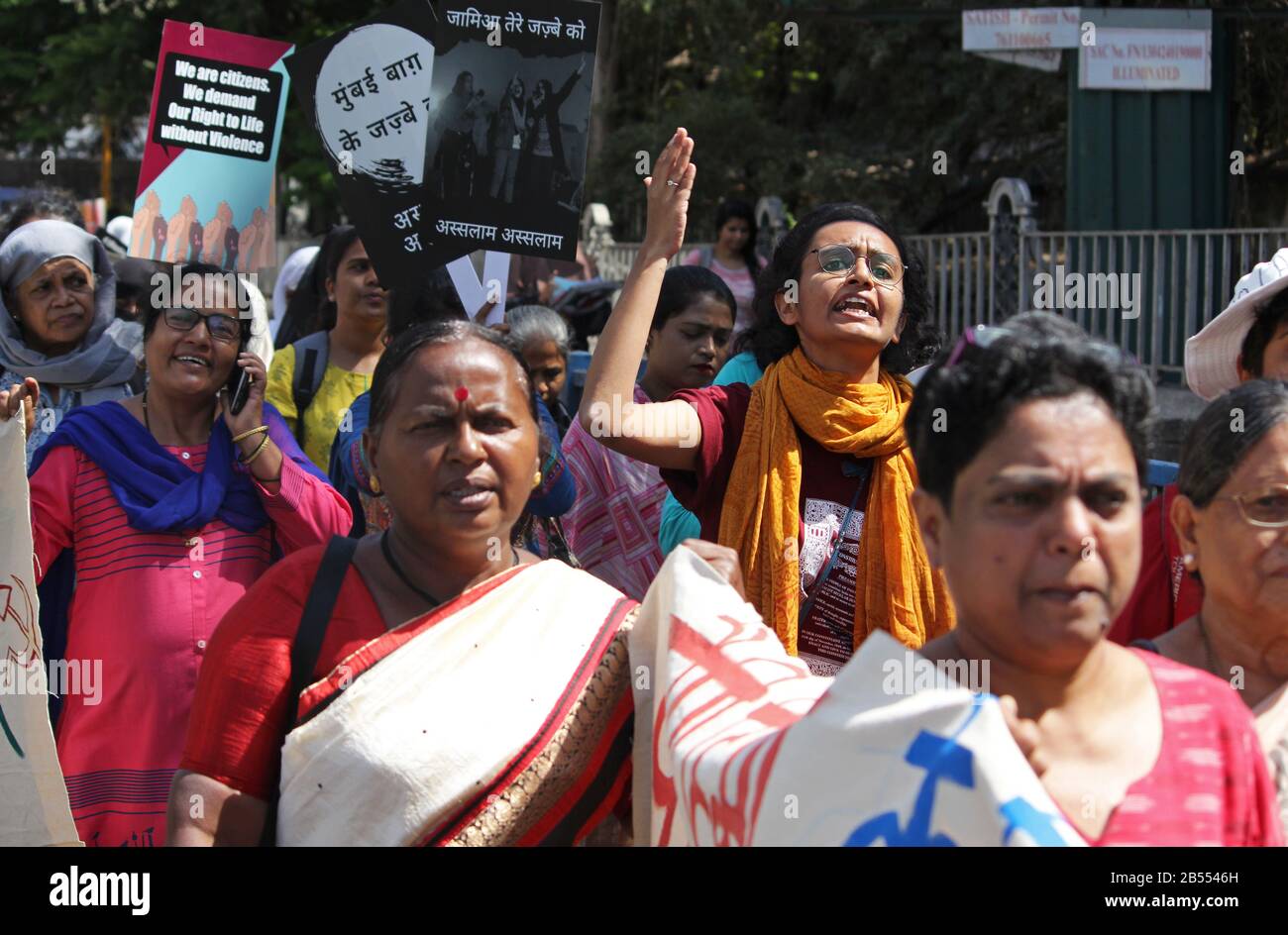 A woman shouts slogans during the demonstration.Women from various organizations, including tribal and dalit communities, gather in large numbers to take part in a march against Citizenship Amendment Act (CAA), National Register of Citizens (NRC) and National Population Register (NPR), as they mark the International Women’s Day on March 8, 2020. Stock Photo