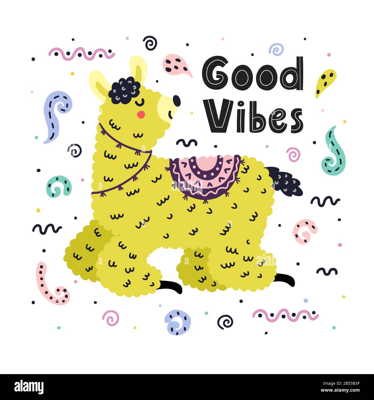 Good vibes card with a cute llama. Creative background Stock Vector