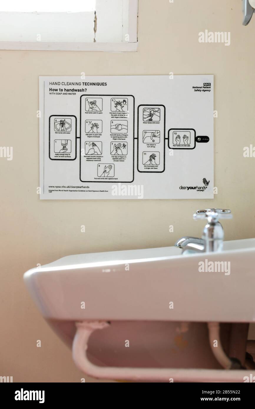 A handwashing guide in a public toilet in Brighton General Hospital, East Sussex, UK. Stock Photo
