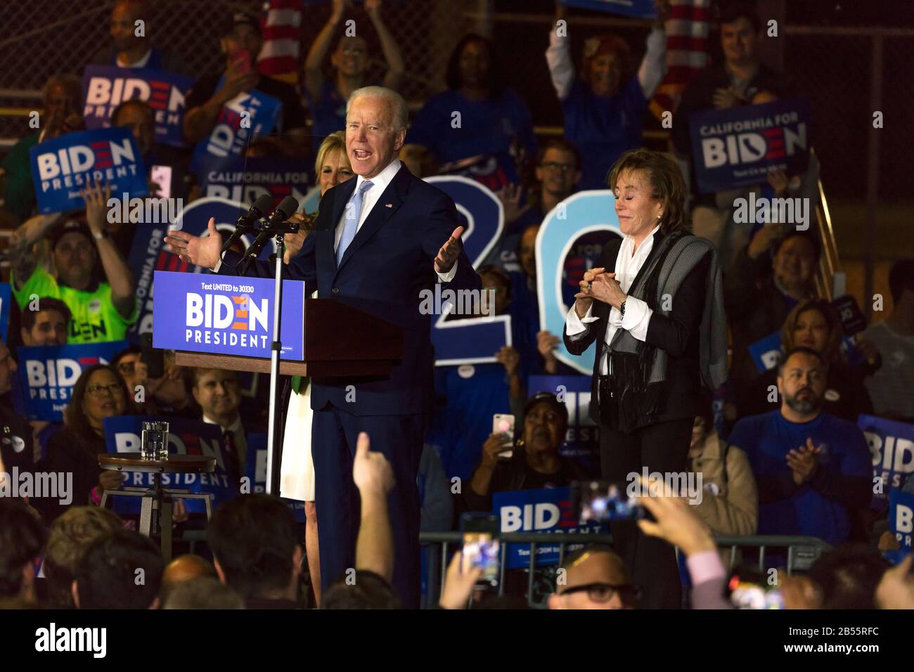 MARCH 3, 2020, LOS ANGELES, CA., USA - Vice President Joe Biden delivers Super Tuesday Victory Speech Baldwin Hills Rec Center Stock Photo