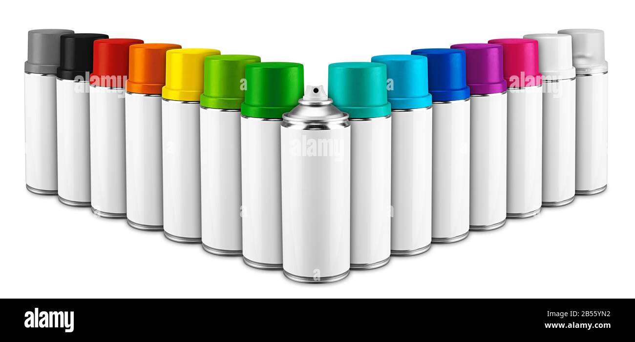 Row of paint spray bottles with white blank copy space label and multi rainbow black grey and clear colored caps. Coating can set collection isolated Stock Photo