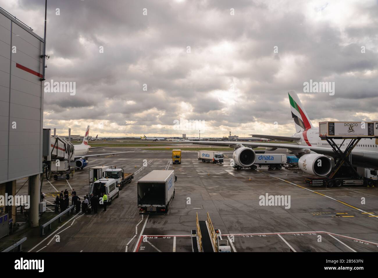 London, United Kingdom - February 2020:  London Heathrow airport runway view. Heathrow Airport, also known as London Heathrow Stock Photo