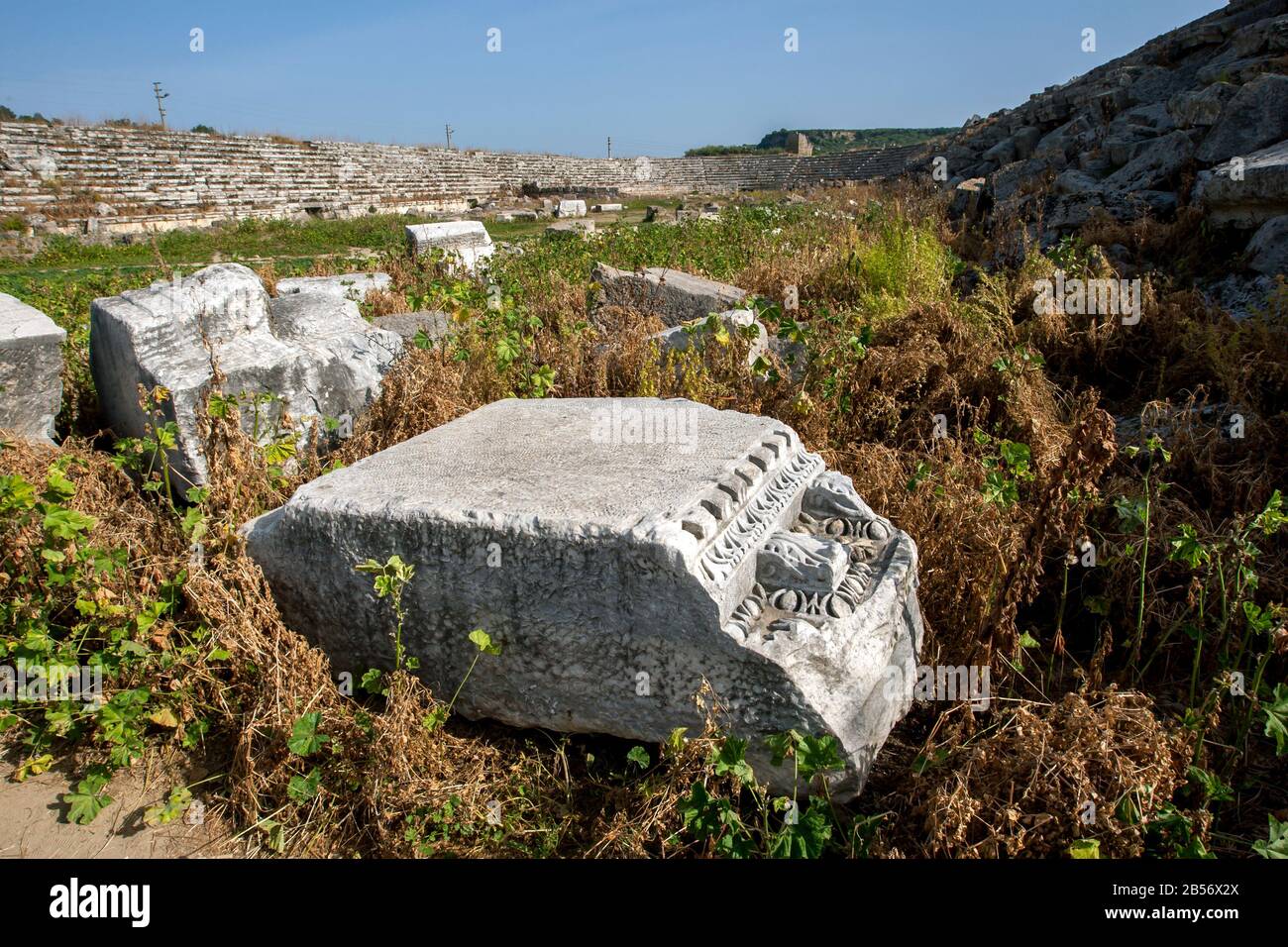 The stone carved ruins of the ancient stadium of Perge in Turkey. Stock Photo