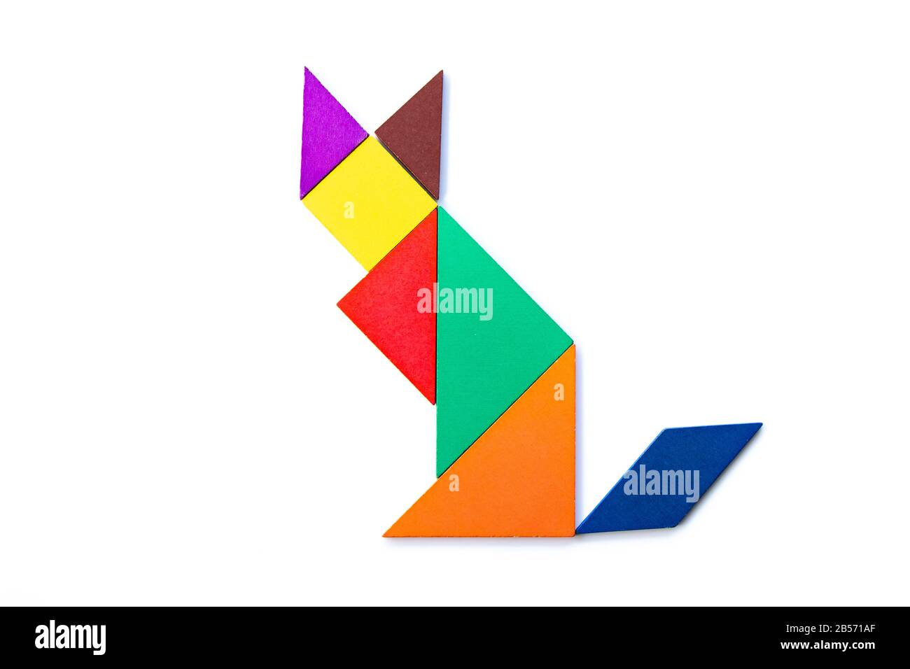Color wood tangram puzzle in sitting cat shape on white background