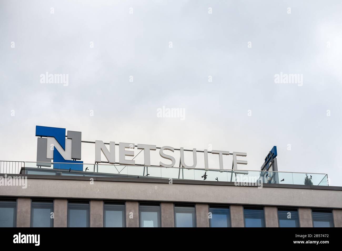 BRNO, CZECHIA - NOVEMBER 4, 2019: Netsuite logo in front of their main office for Brno. Part of Oracle, Netsuite is a Software development company spe Stock Photo