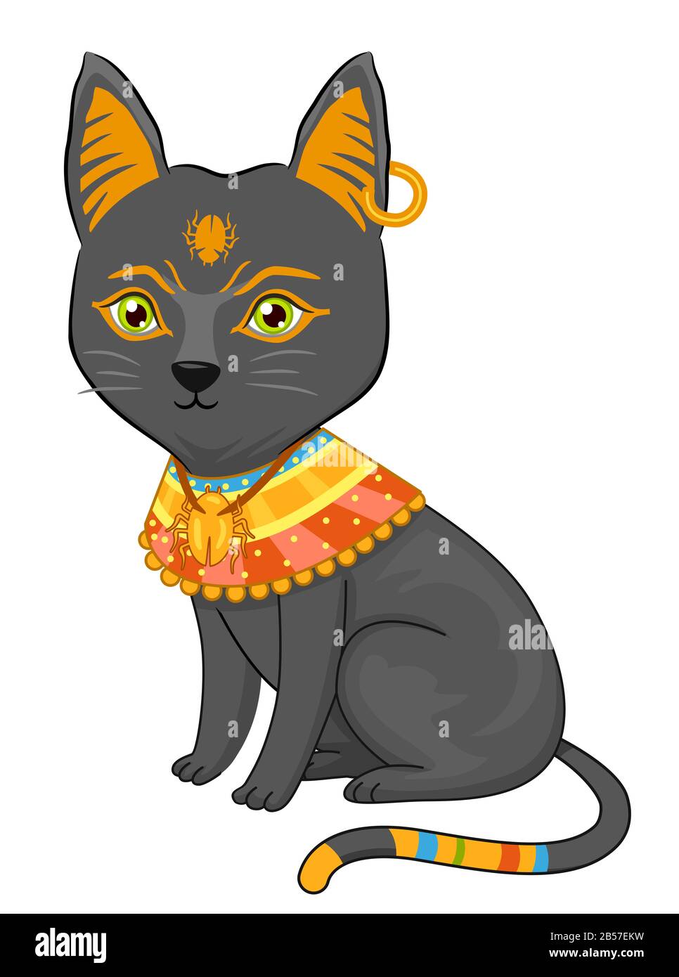 Illustration of a Black Cat Sitting Down and Wearing Egyptian Cat Bastet Costume Stock Photo