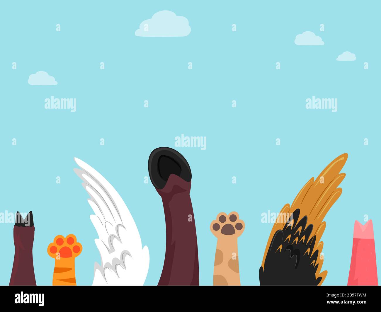 Illustration of Farm Animals Hands and Wings Raised, From Sheep, Cat, Duck, Horse, Dog, Chicken and Pig Stock Photo